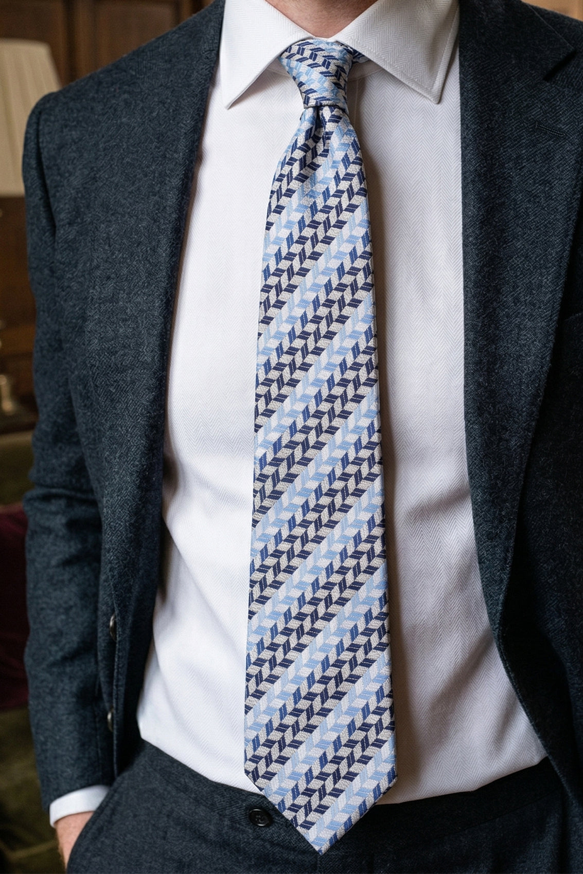 Geometric Stripes Blue Navy Black tie with intricate design, perfect for weddings, formal events, and casual wear.