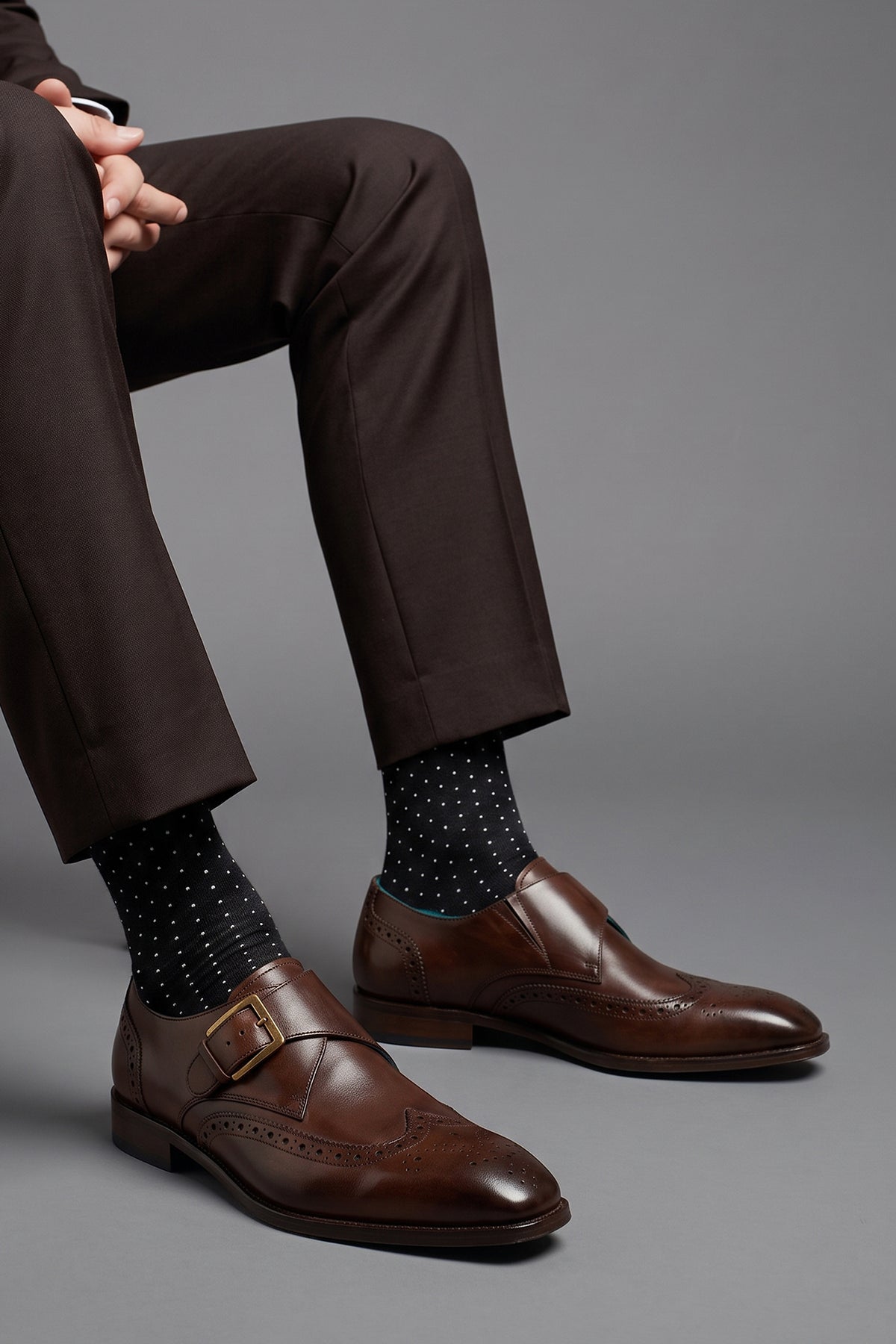Men's Godric Brown leather monk strap brogue dress shoes by Oswin Hyde featuring rich brown leather and a single buckle strap