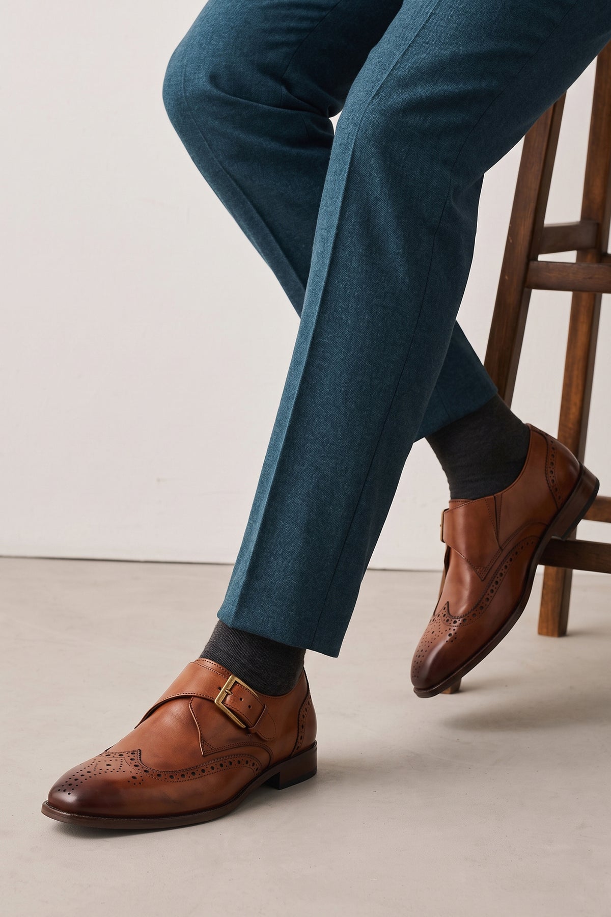 Men's Godric Tan leather monk strap brogue dress shoes by Oswin Hyde featuring burnished tan leather and a buckle strap.