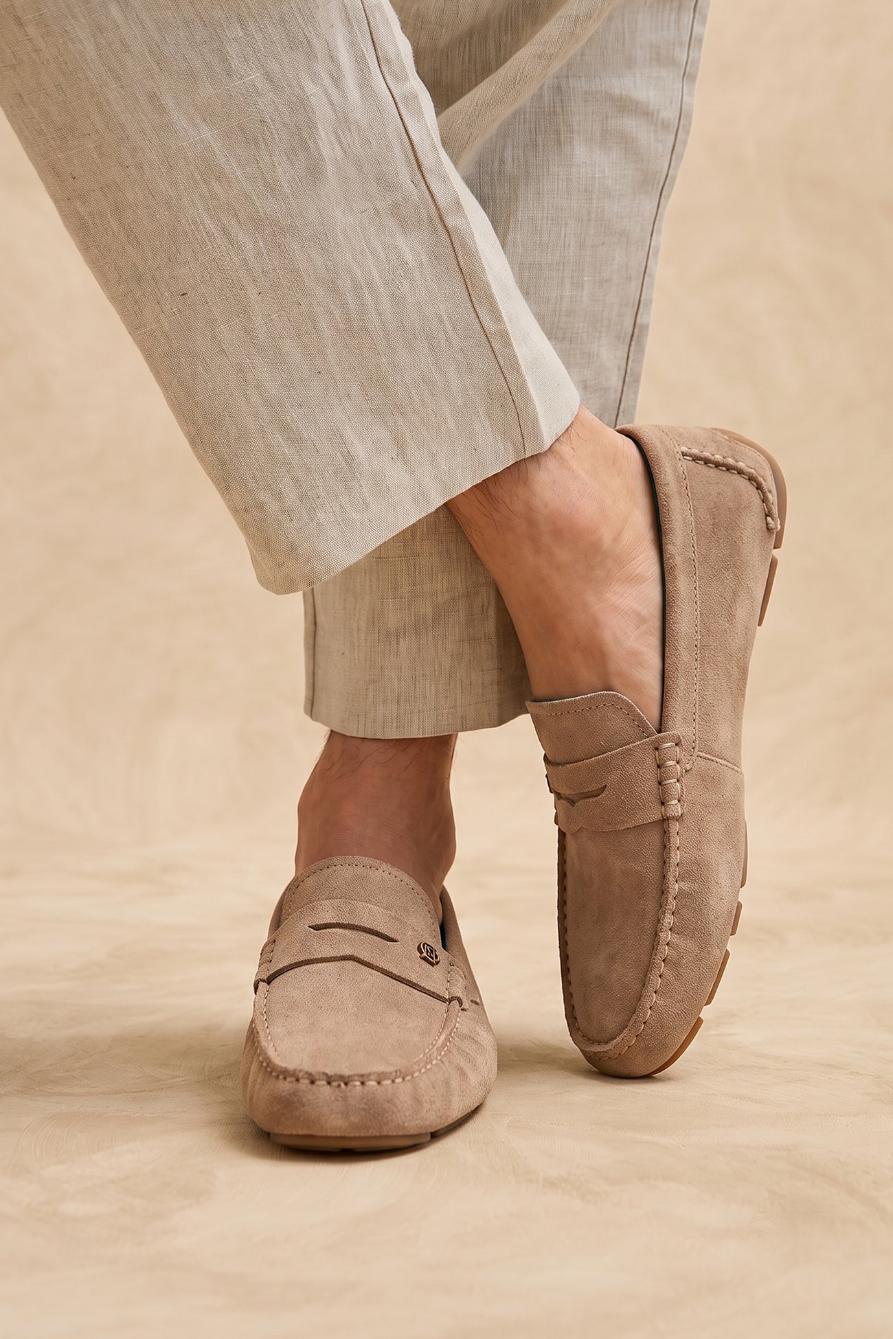 Jenson Sand driving loafer soft suede in a warm sand tone with style and practicality