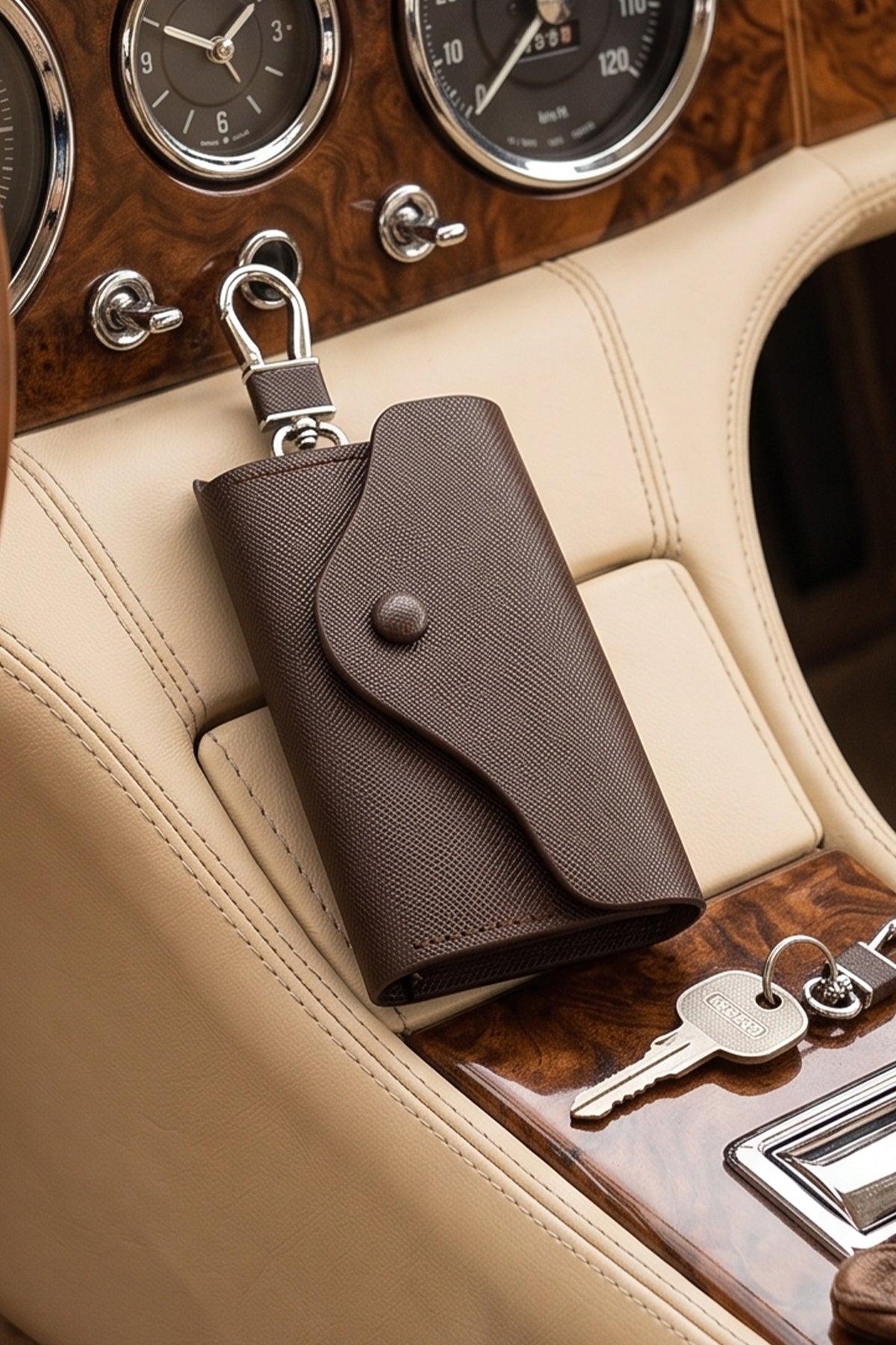 Pimlico brown saffiano leather key holder for men in retro luxury car by Oswin Hyde – luxury leather key organiser with embossed logo and refined compact styling.
