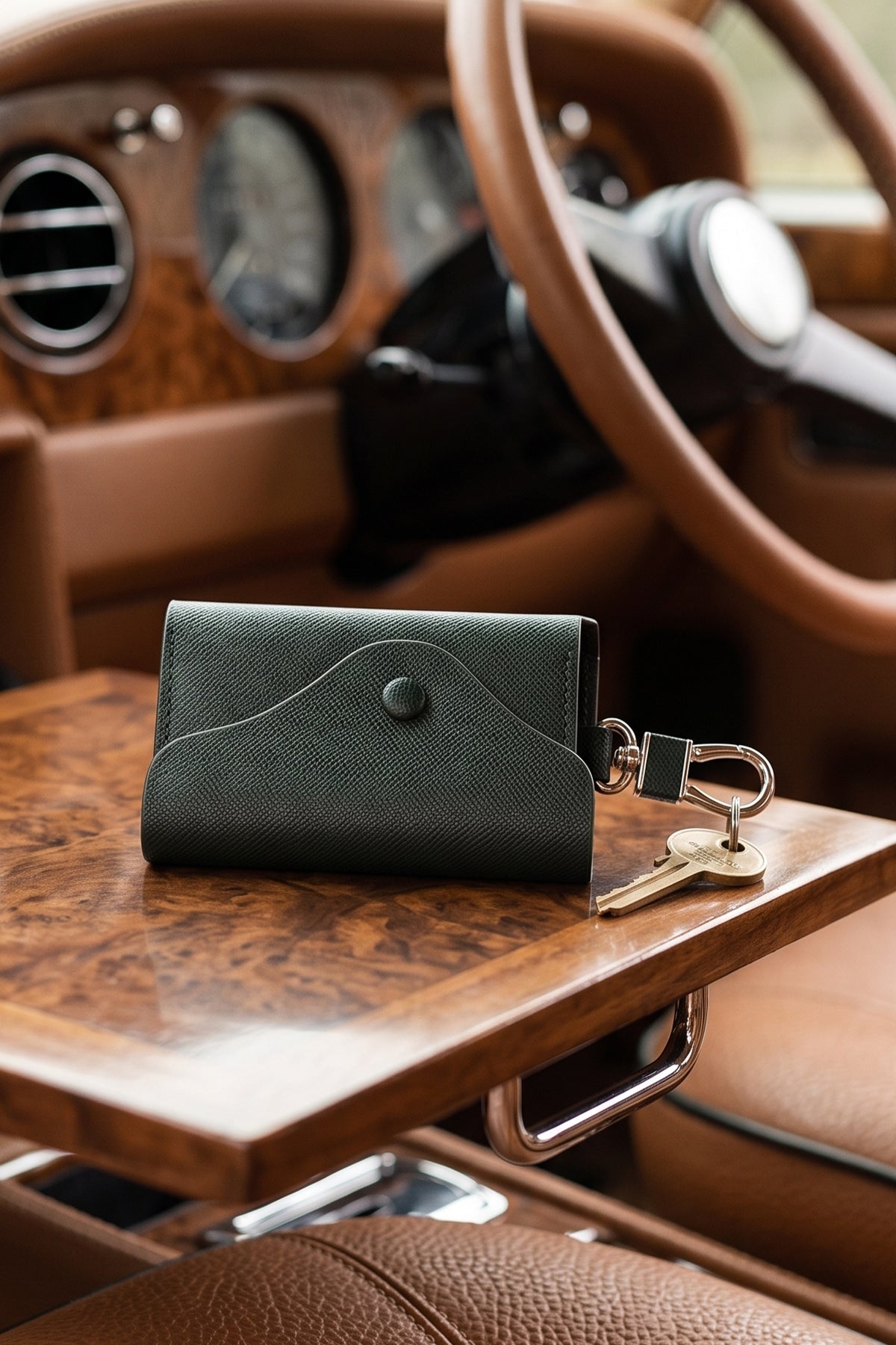 Pimlico green saffiano leather key holder for men in a retro luxury car by Oswin Hyde – premium textured leather with embossed branding for luxury everyday key organisation.