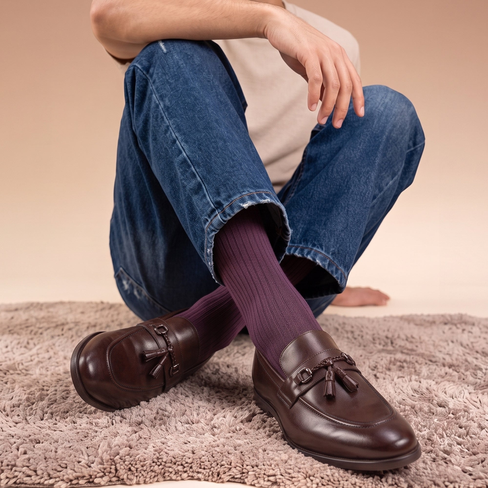 Men's dark brown leather tassel loafers with braided detail, styled with purple dress socks and blue jeans.