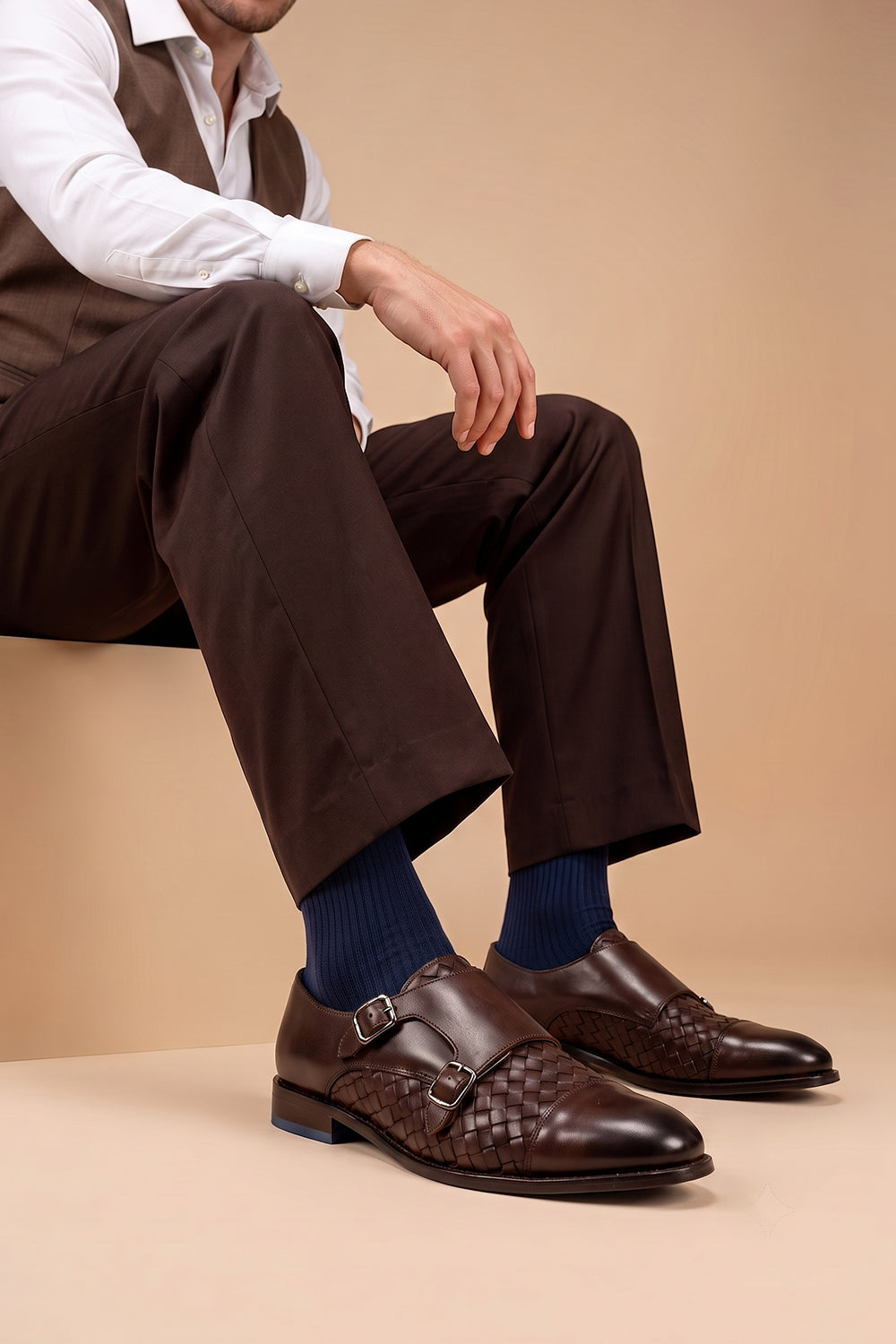 Model wearing Premium Navy cotton socks designed by Oswin Hyde for the discerning gentleman.