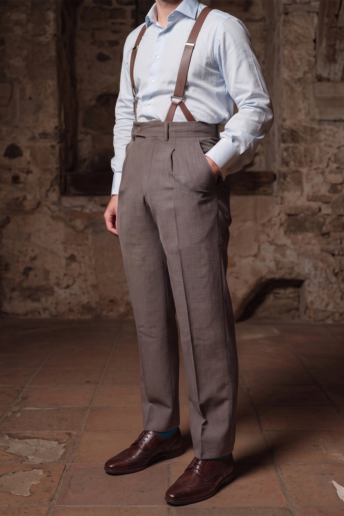 Model wearing Miller Brown derby brogue marries timeless appeal with modern sensibility, offering a sophisticated choice for those who appreciate quality footwear