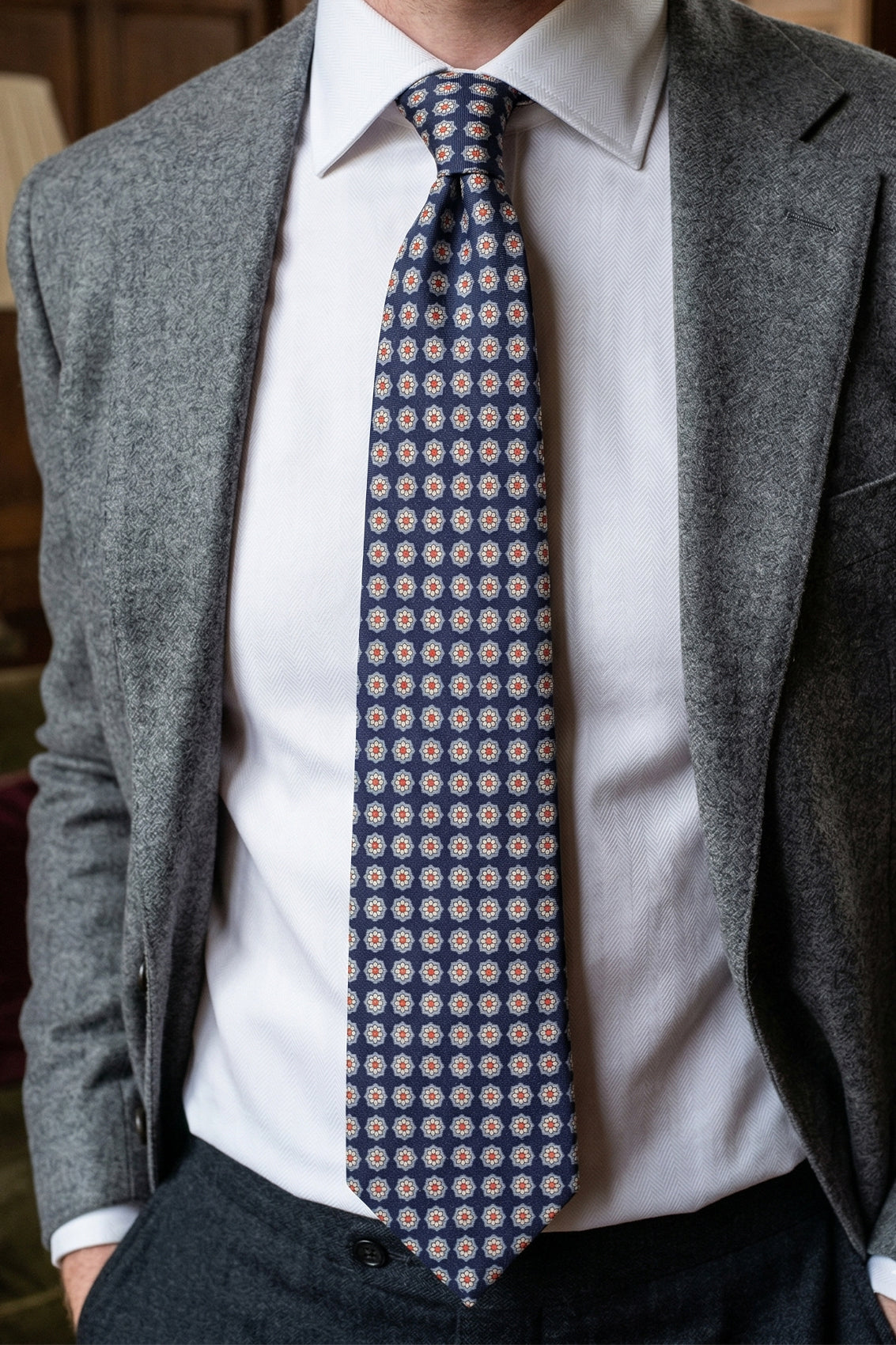 Navy Floral Print Silk Tie with elegant design, offering luxury and sophistication for formal occasions.