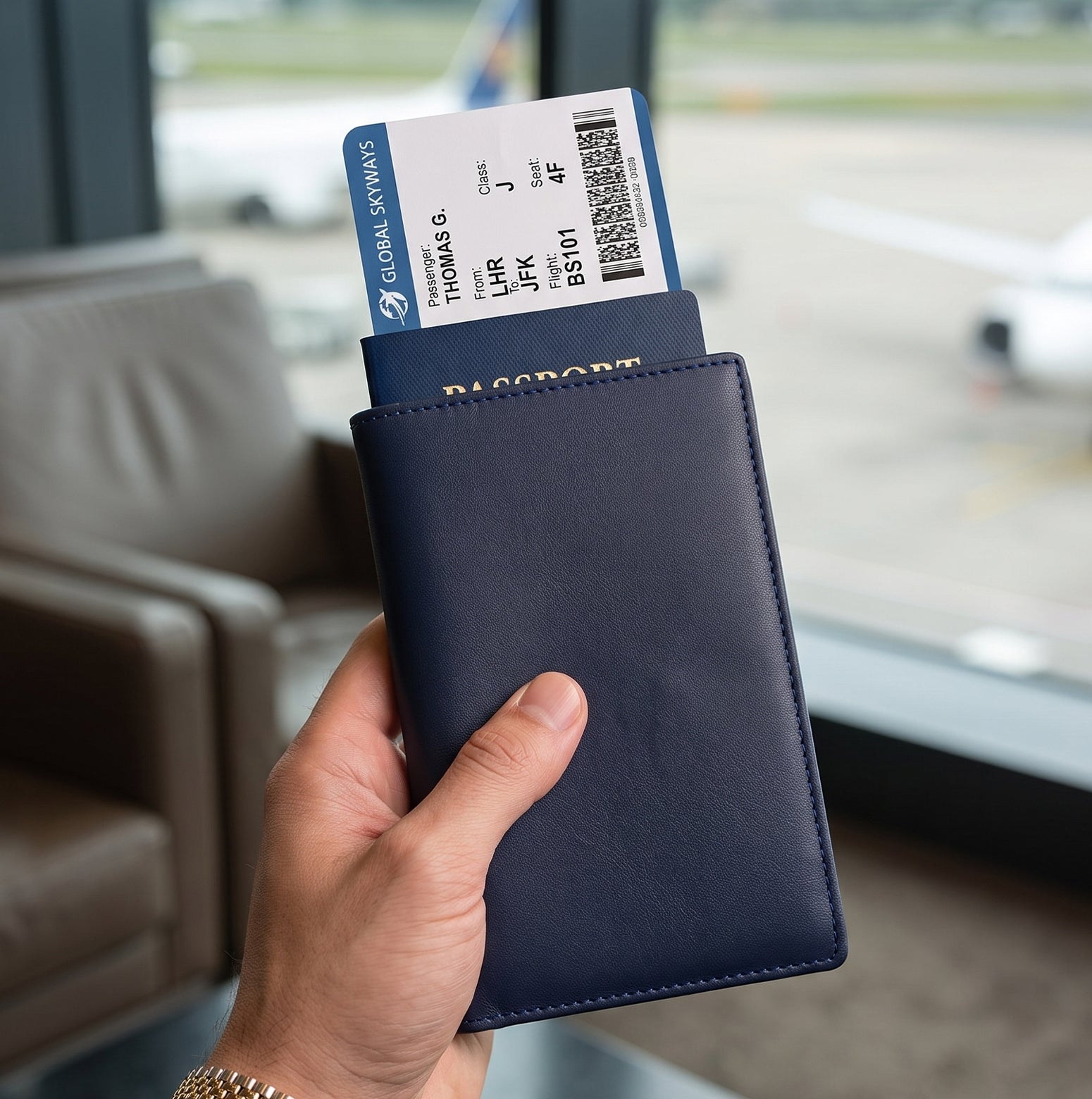 Man holding Covent Navy Grain Premium leather Passport Holder | Oswin Hyde