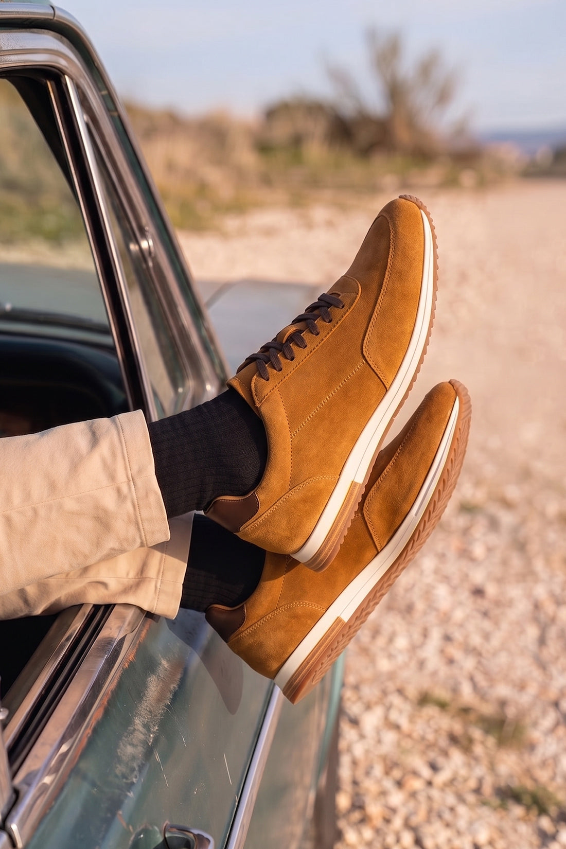 Men’s Spencer tan suede classic sneakers with smooth suede finish, cushioned sole and versatile styling for smart-casual everyday wear.