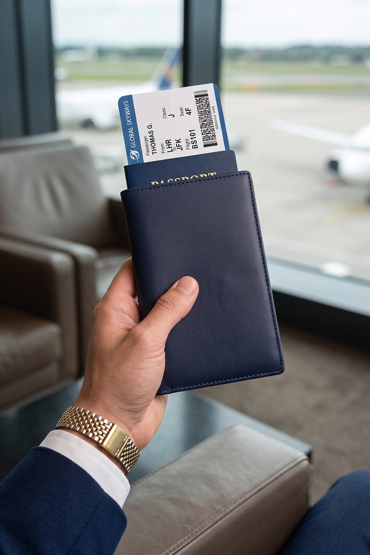Man holding Covent Navy Grain Premium leather Passport Holder | Oswin Hyde