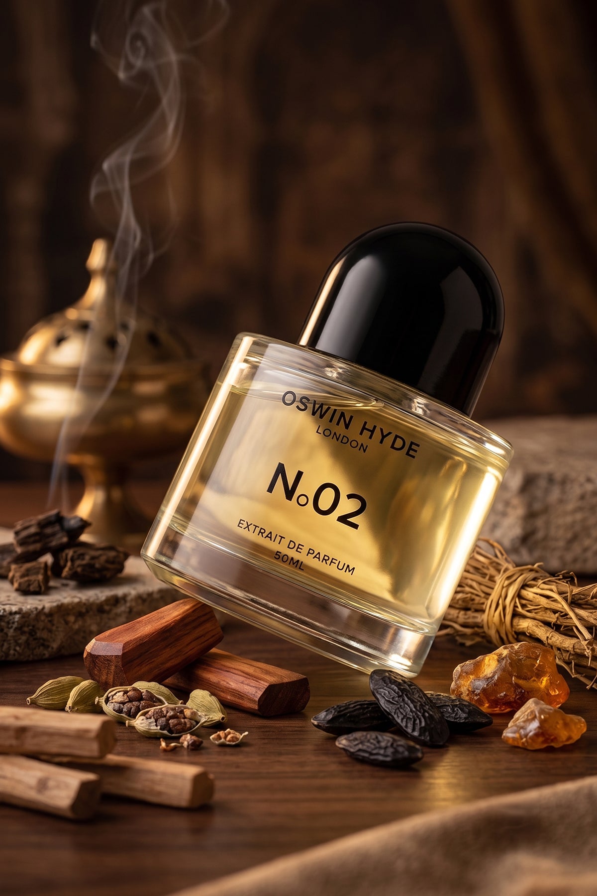 Oswin Hyde London No.02 Extrait de Parfum 50ml glass bottle with golden liquid, resting on a wood surface surrounded by fragrance ingredients including oud wood, amber resin, cardamom pods, tonka beans, and sandalwood in a warm, ornate setting.