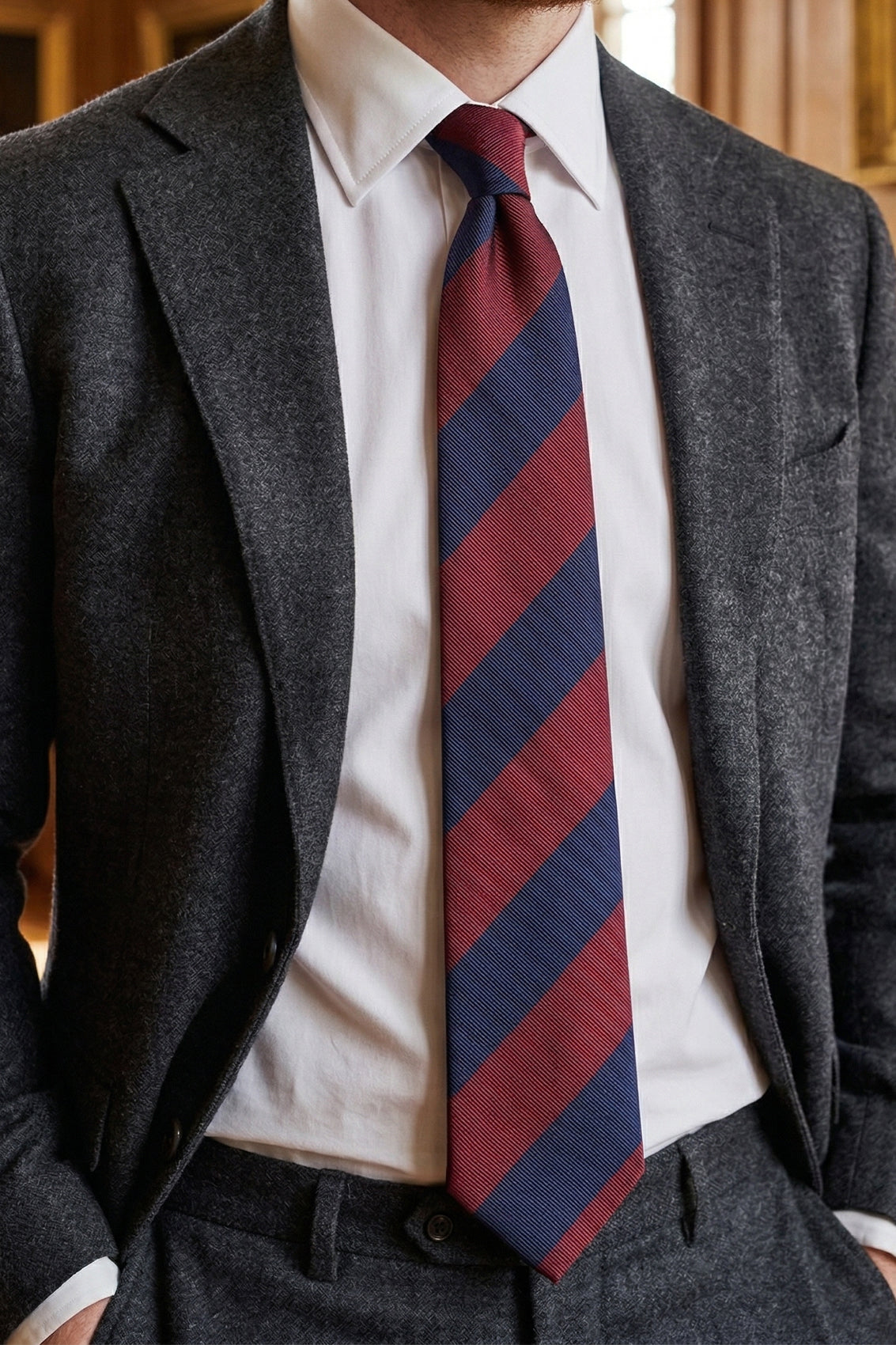 Red Navy Stripes tie for men, designed to add a bold and elegant touch to your wardrobe. Featuring striking red and navy stripes made from high quality materials.