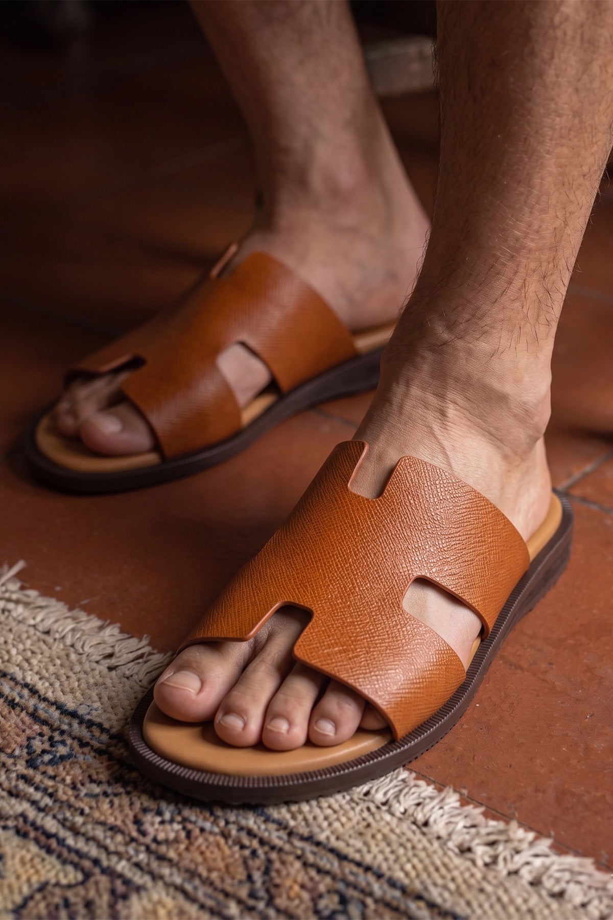 Men’s Phoenix Tan sandals in premium Saffiano leather featuring the signature hyde strap H-frame design.