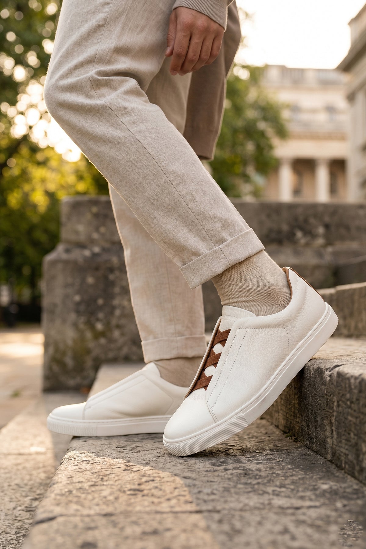 Smudge White is crafted from soft, milled leather, perfect for both casual and formal occasions. No need to tie laces, secure elasticated fit 