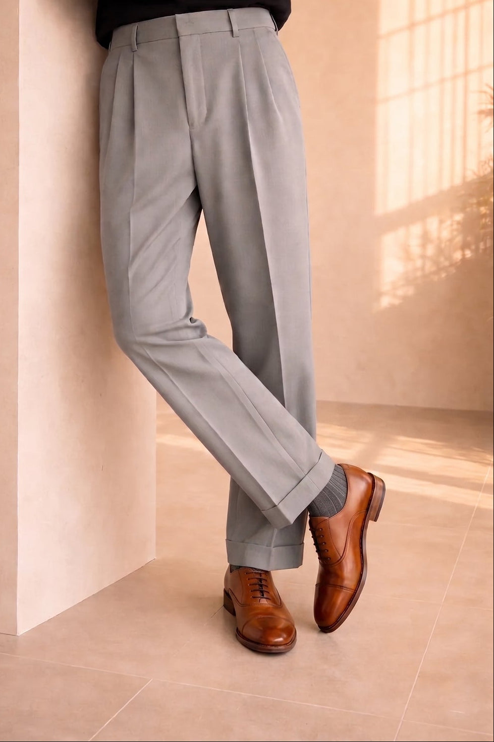Model wearing Wilson tan leather Oxford shoes for men with five-eyelet toecap design, showcasing timeless elegance and polished craftsmanship