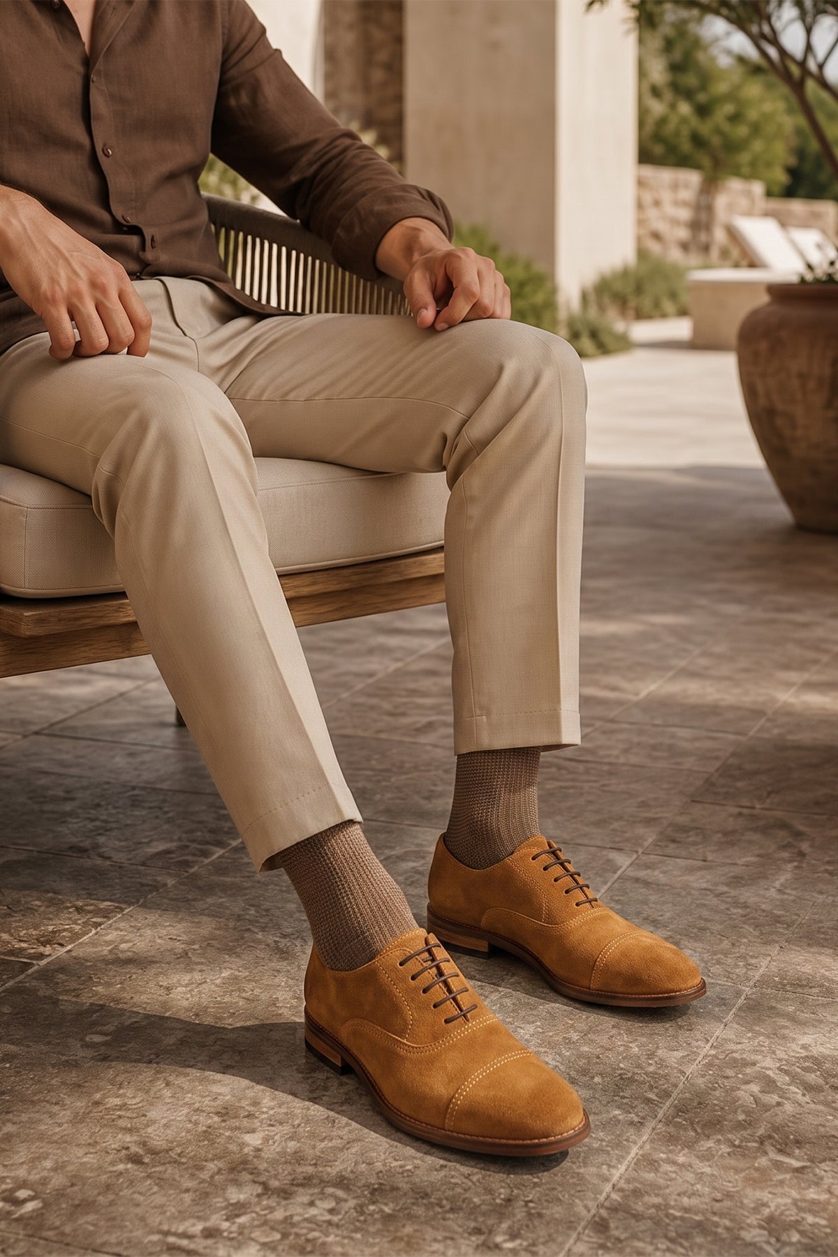 Men’s Elise tan suede Oxford shoes featuring soft suede material, classic design, and comfortable fit for formal and smart casual wear.