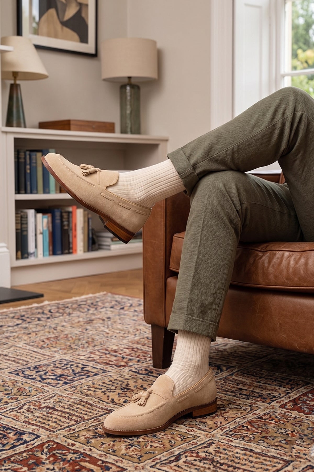Model wearing Issac Sand Suede Loafer for Men | Mens loafers for formal and casual occasions