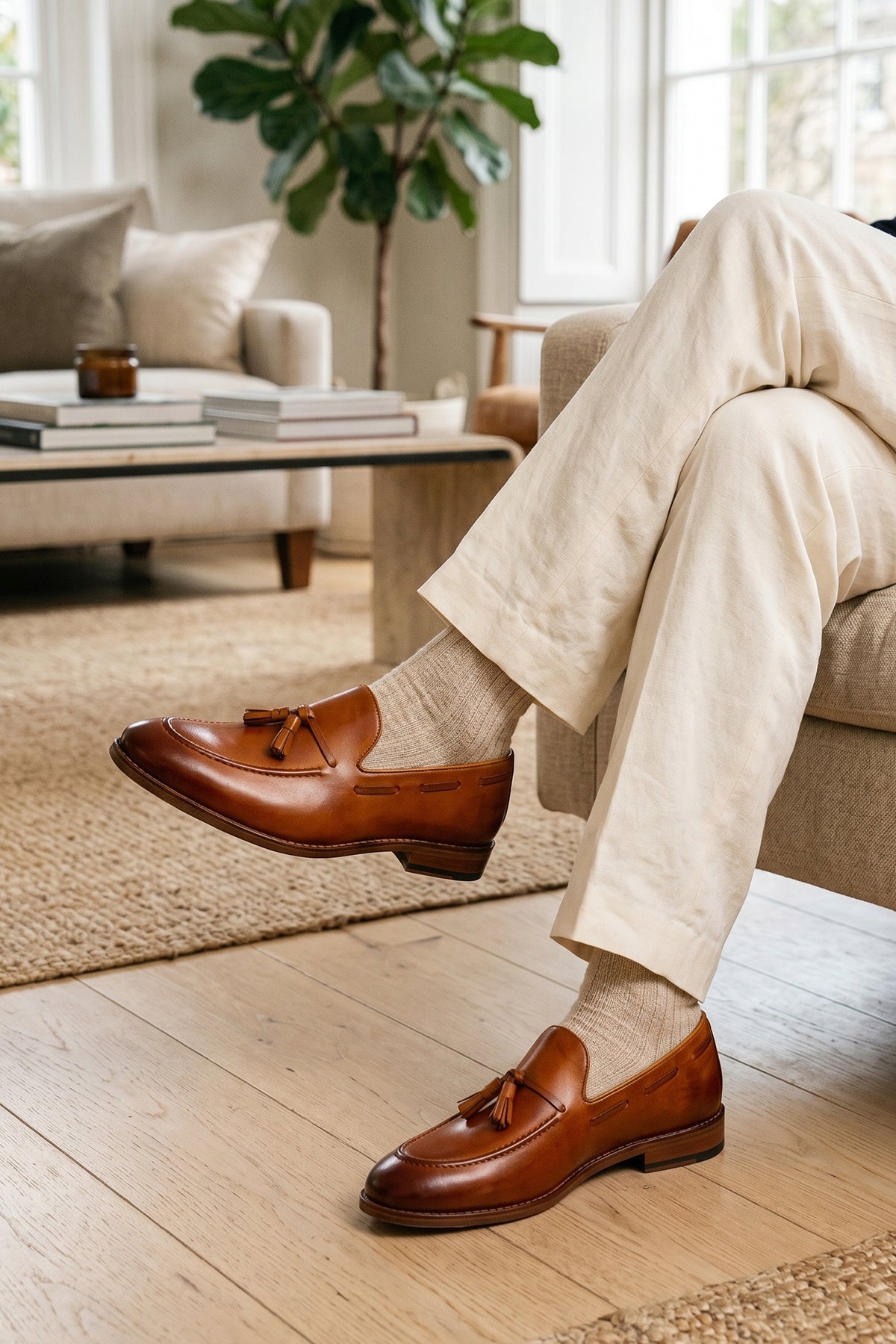 Model wearing Issac Tan leather tassel loafers for men, featuring premium leather and comfort sole for all-day wear, ideal for smart-casual and formal occasions.