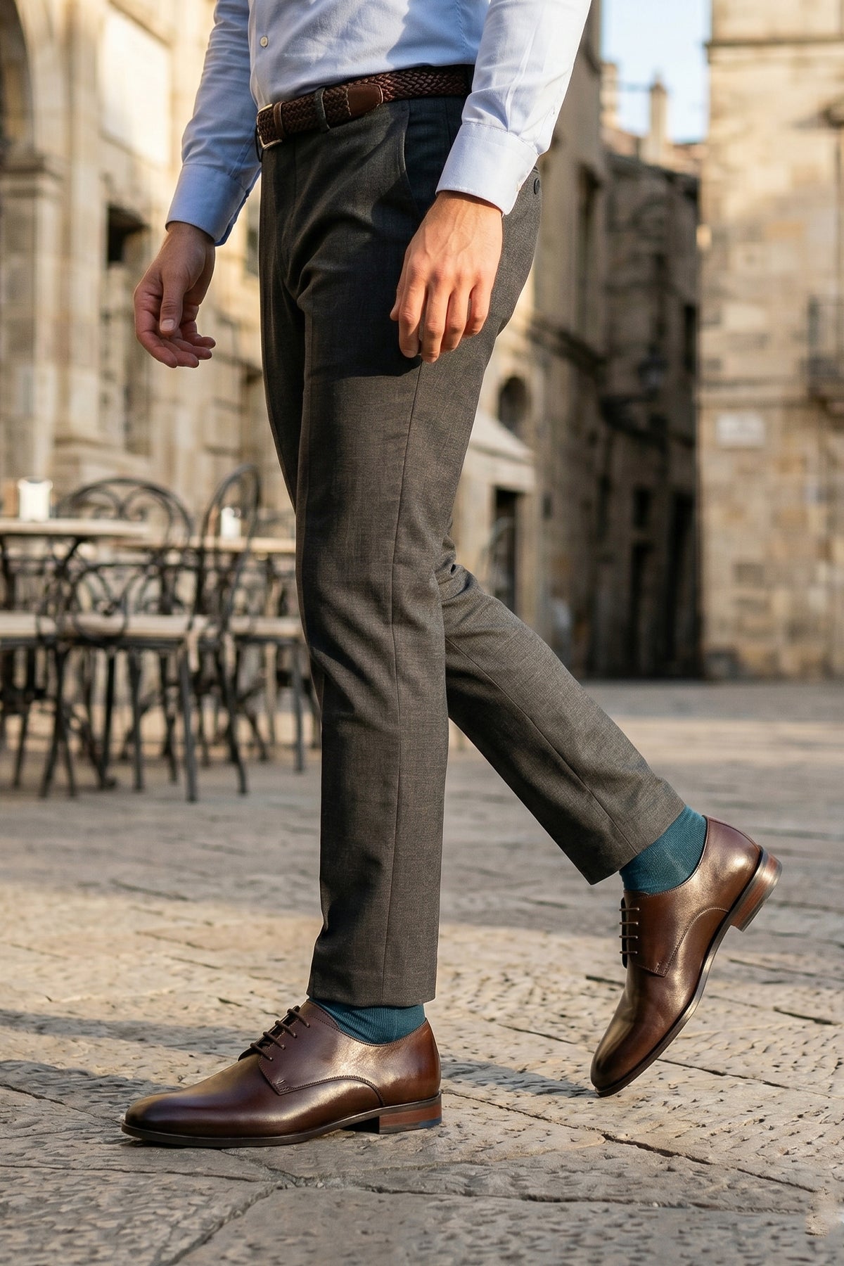 Model wearing Keyon brown derby lace-up leather shoes for men, made with premium leather for a smart, timeless look – perfect for formal, office, and everyday style.