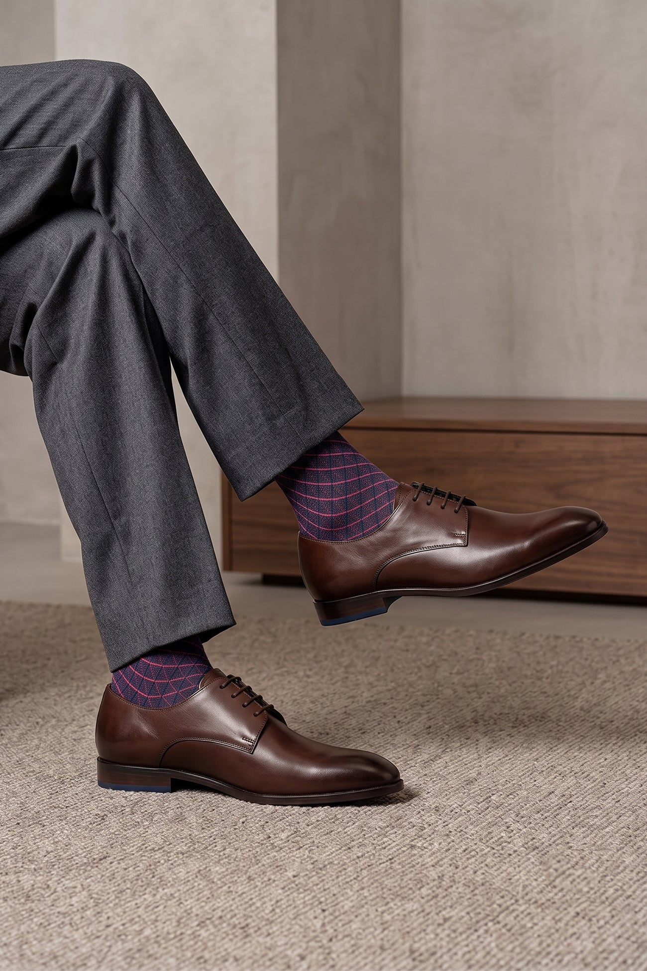 Model wearing Keyon brown derby lace-up leather shoes for men, made with premium leather for a smart, timeless look perfect for formal, office, and everyday style.