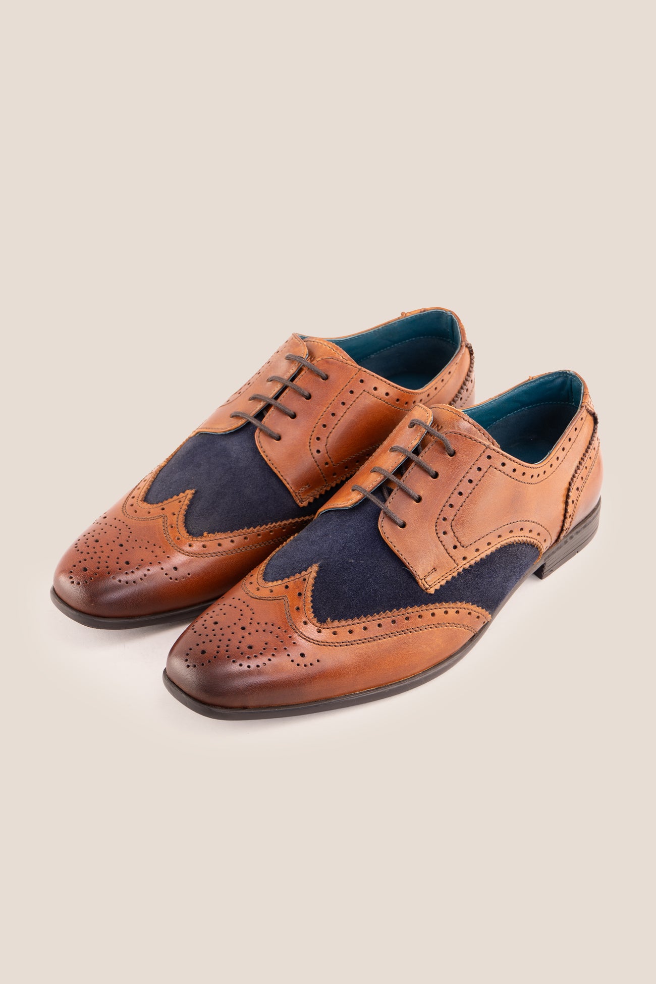 Miller Tan Suede men’s leather and suede brogue shoes with wingtip detailing.