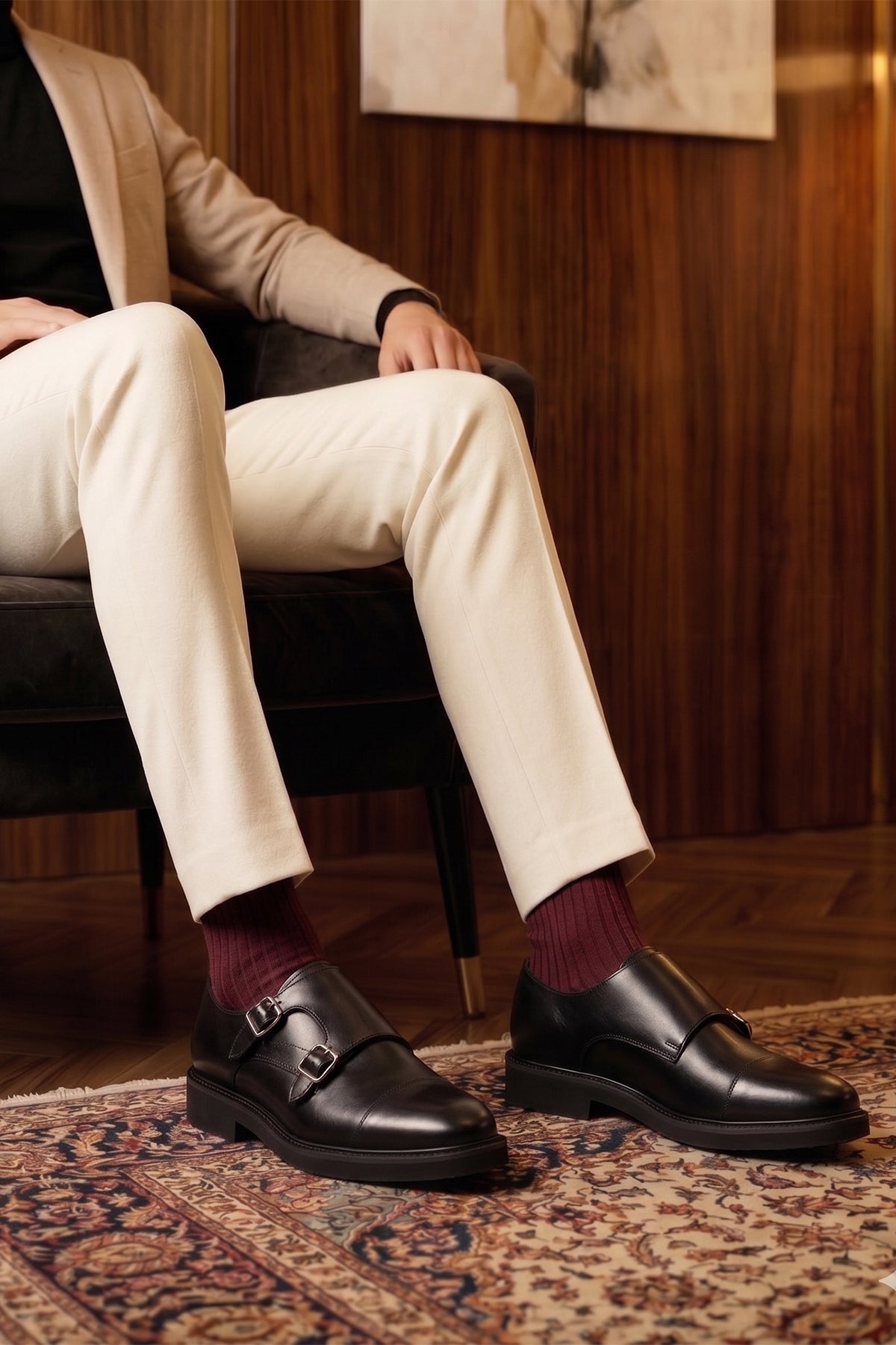 Garson Black double monk strap leather shoes for men by Oswin Hyde – elegant formal shoes with polished finish and cushioned leather insole