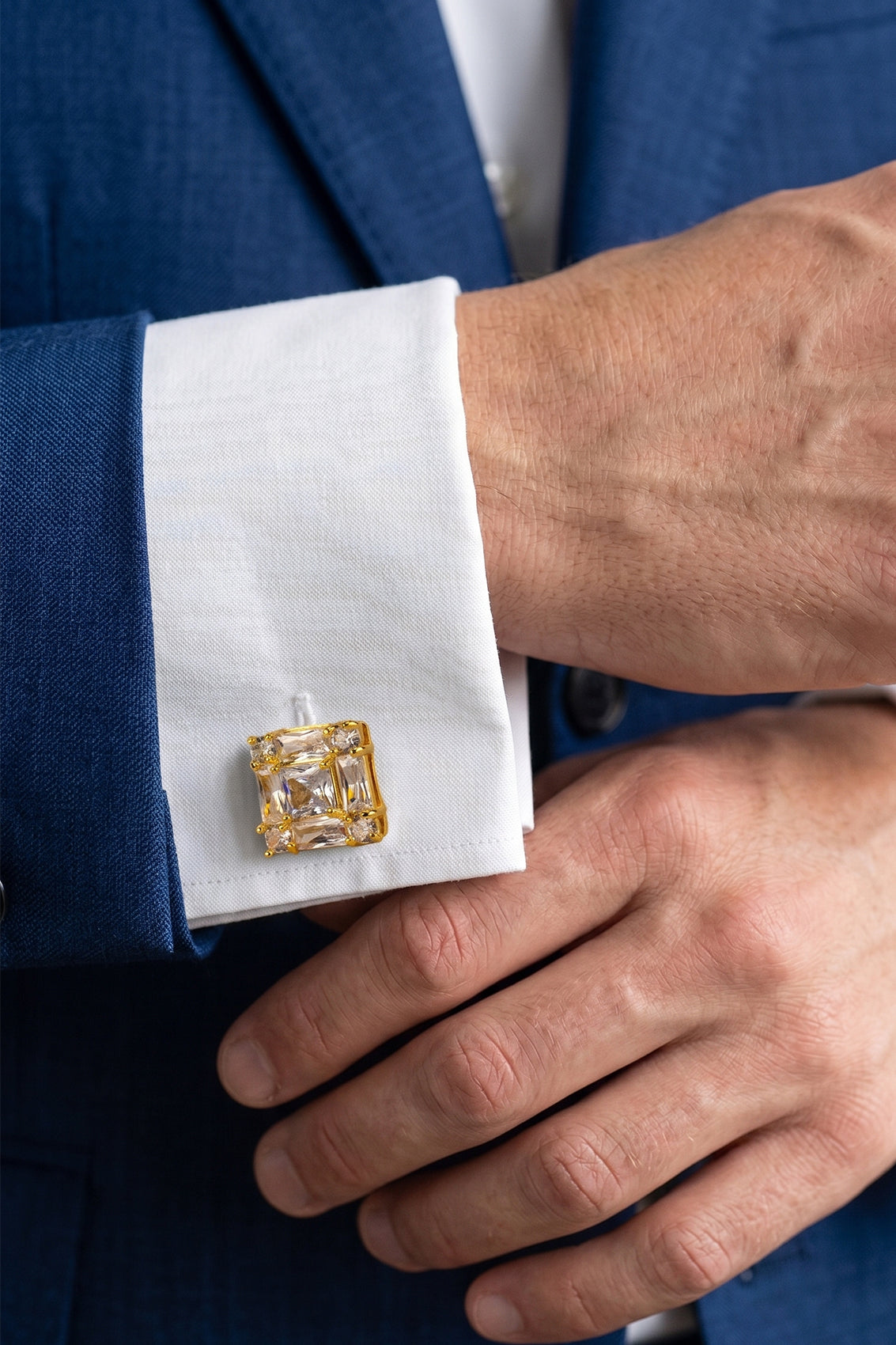 Men’s Zirc Cubic White cufflinks featuring brilliant white stones set in intricate metalwork for precision craftsmanship and formal elegance.