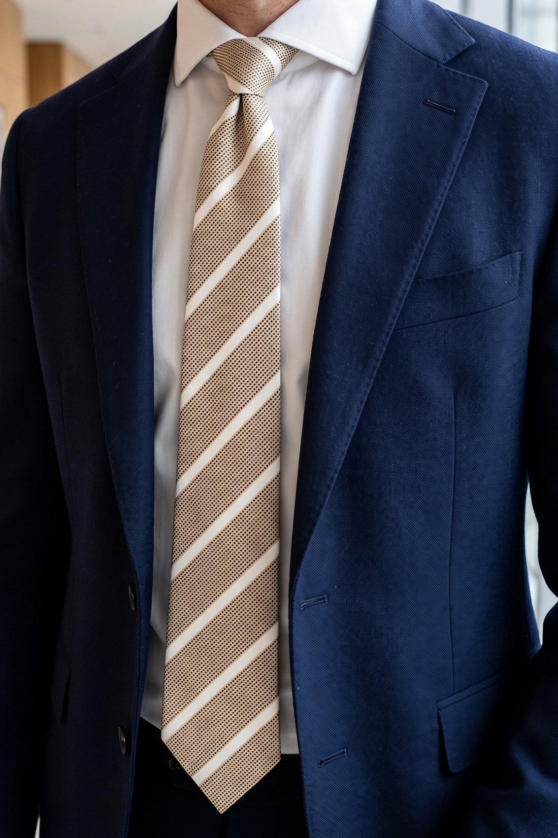Stripe Brown White tie with elegant design, perfect for weddings, office wear, and formal occasions.