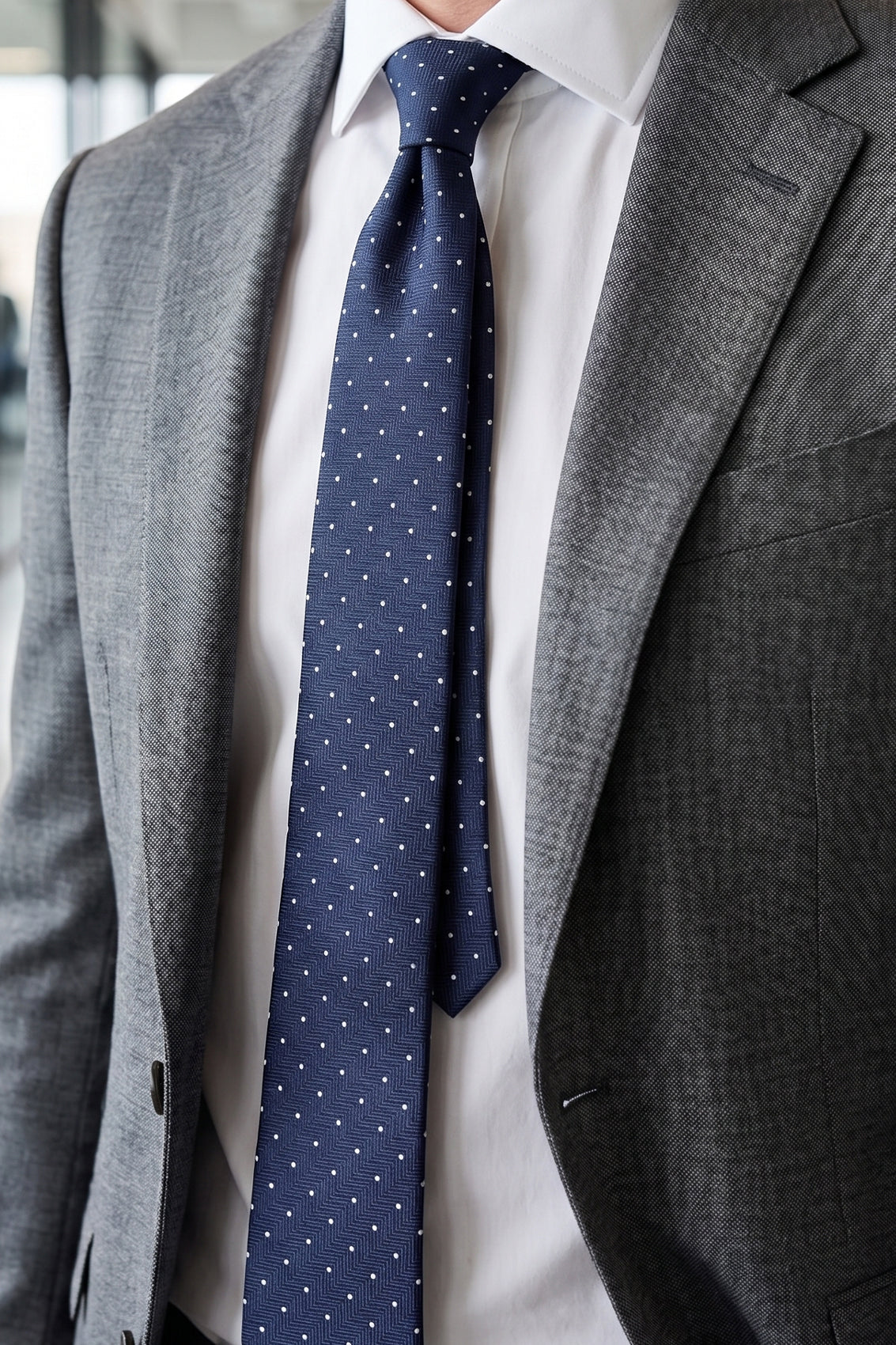 Polka Navy tie with classic design, ideal for weddings, office wear, and formal occasions.