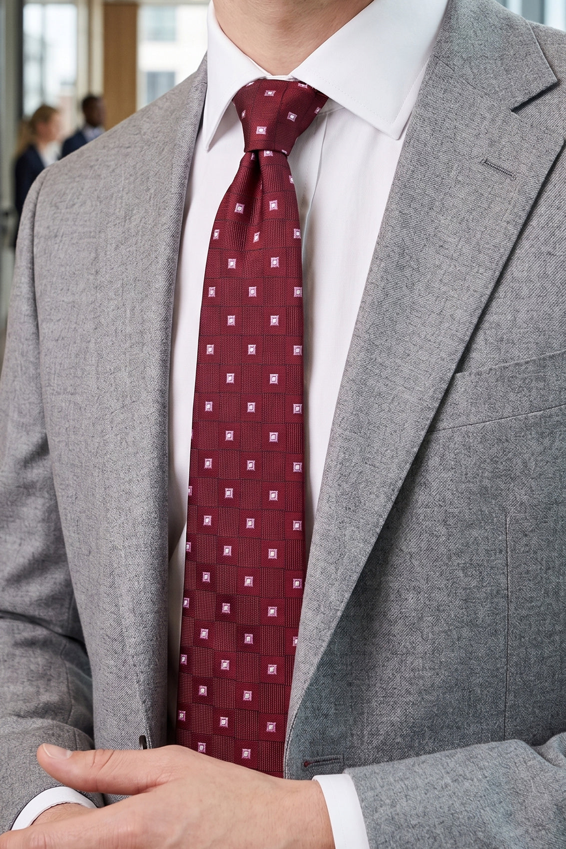 Multi Square Red tie with sophisticated design, perfect for weddings, office wear, and formal occasions.