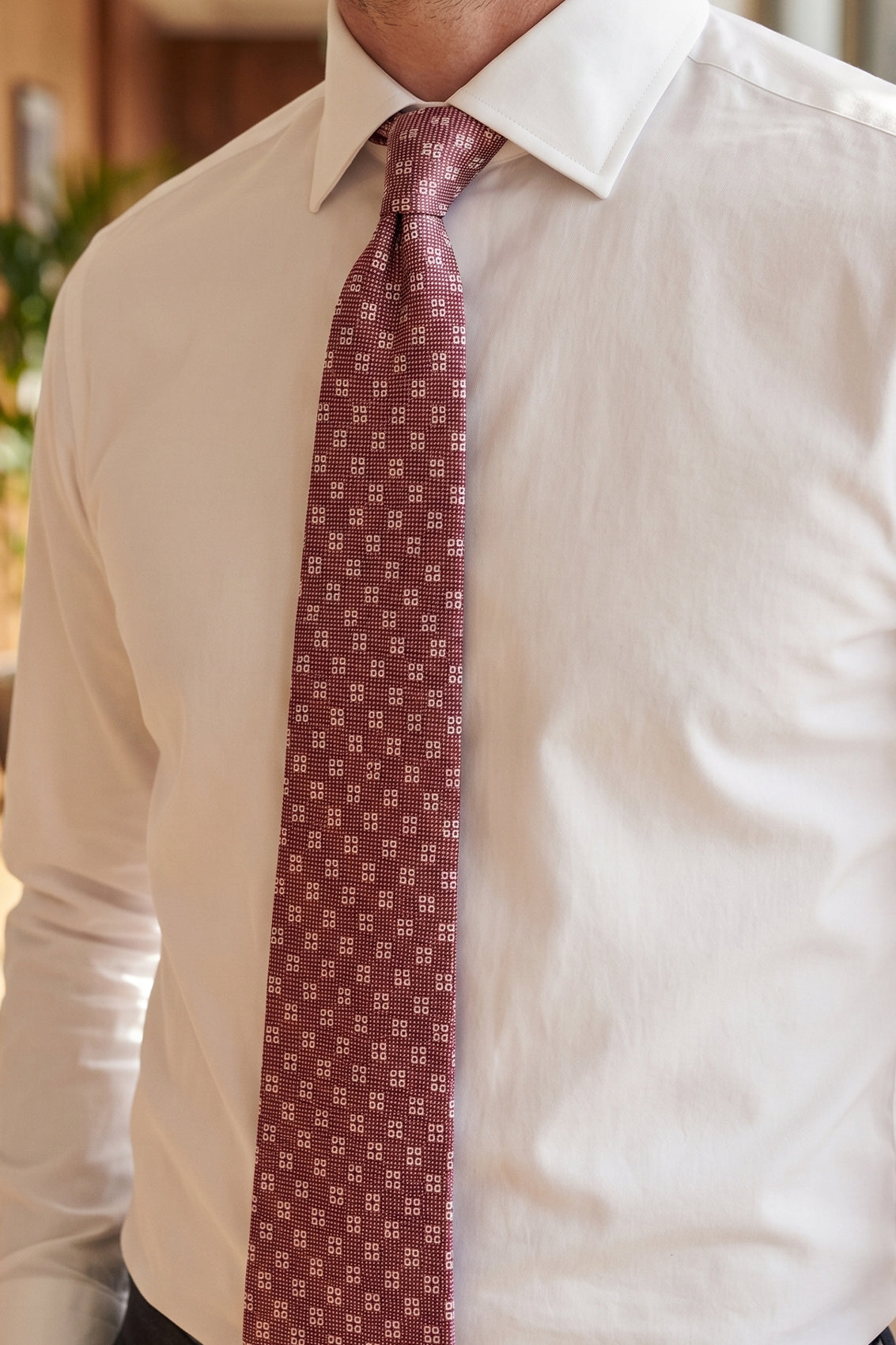 Geometric Squares Red tie with intricate pattern, ideal for weddings, office wear, and formal events.