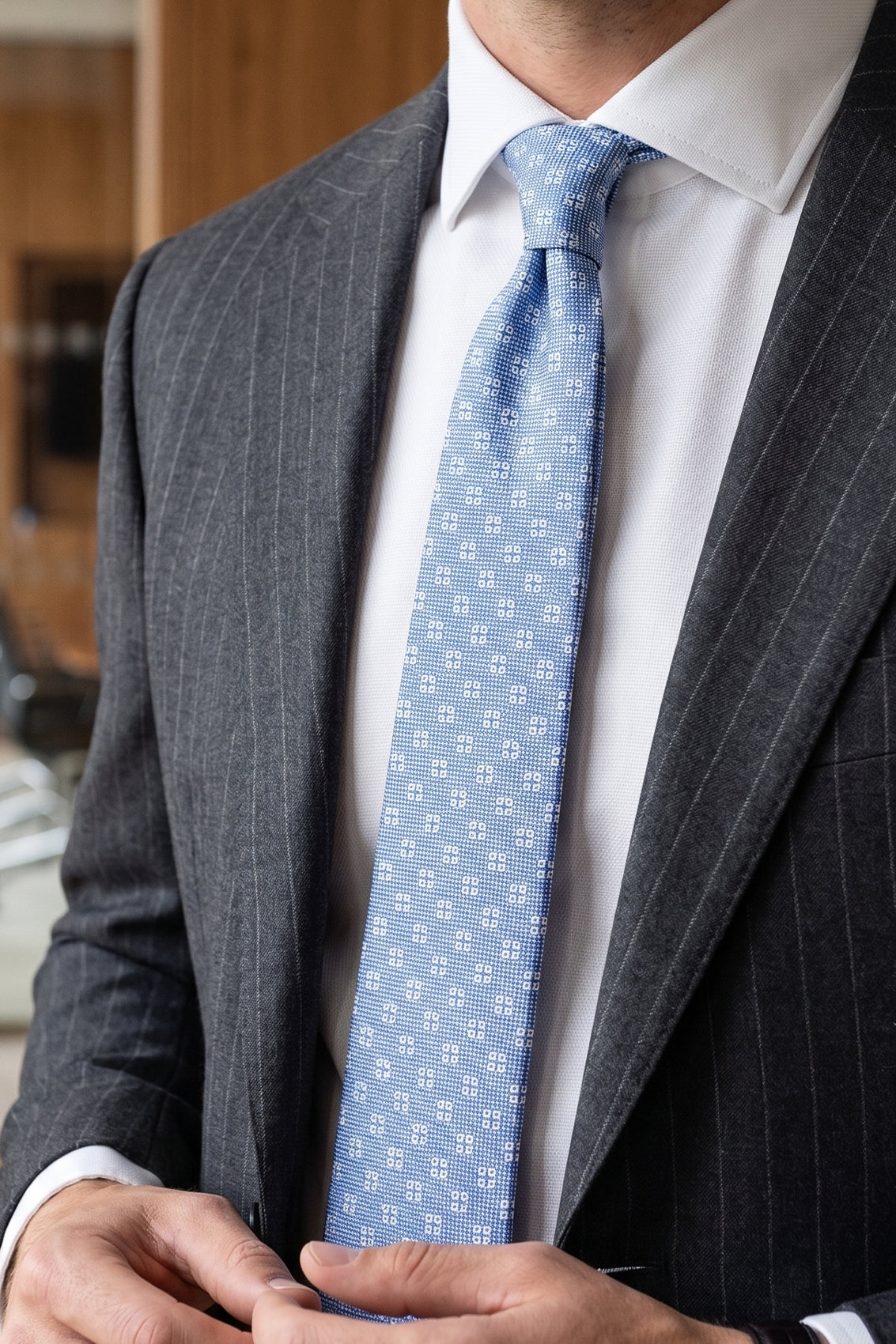 Geometric Squares Blue tie with sophisticated design, perfect for weddings, office wear, and upscale occasions.