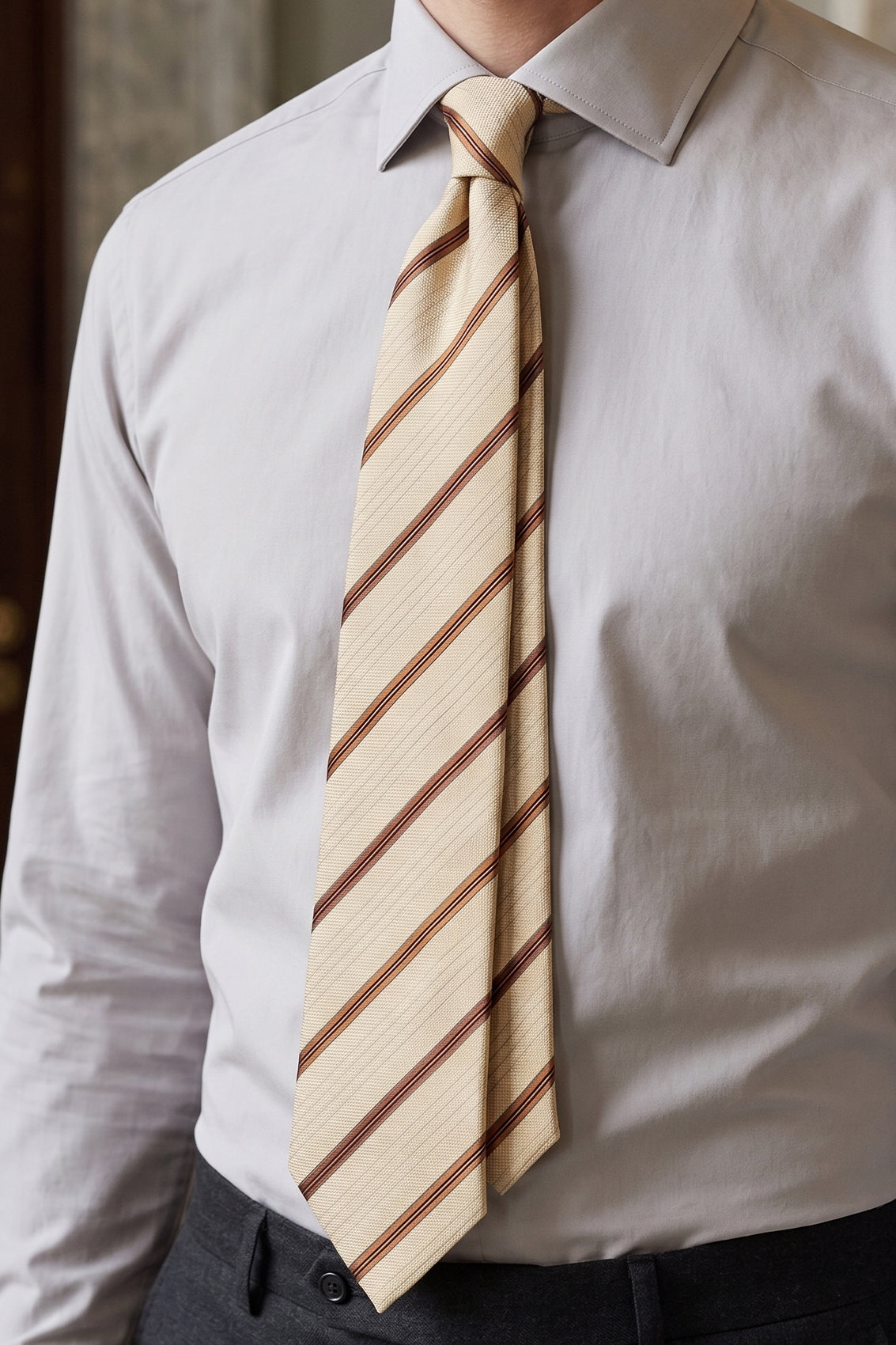 Classic Stripe Cream Brown tie with elegant design, perfect for weddings, office meetings, and formal occasions.