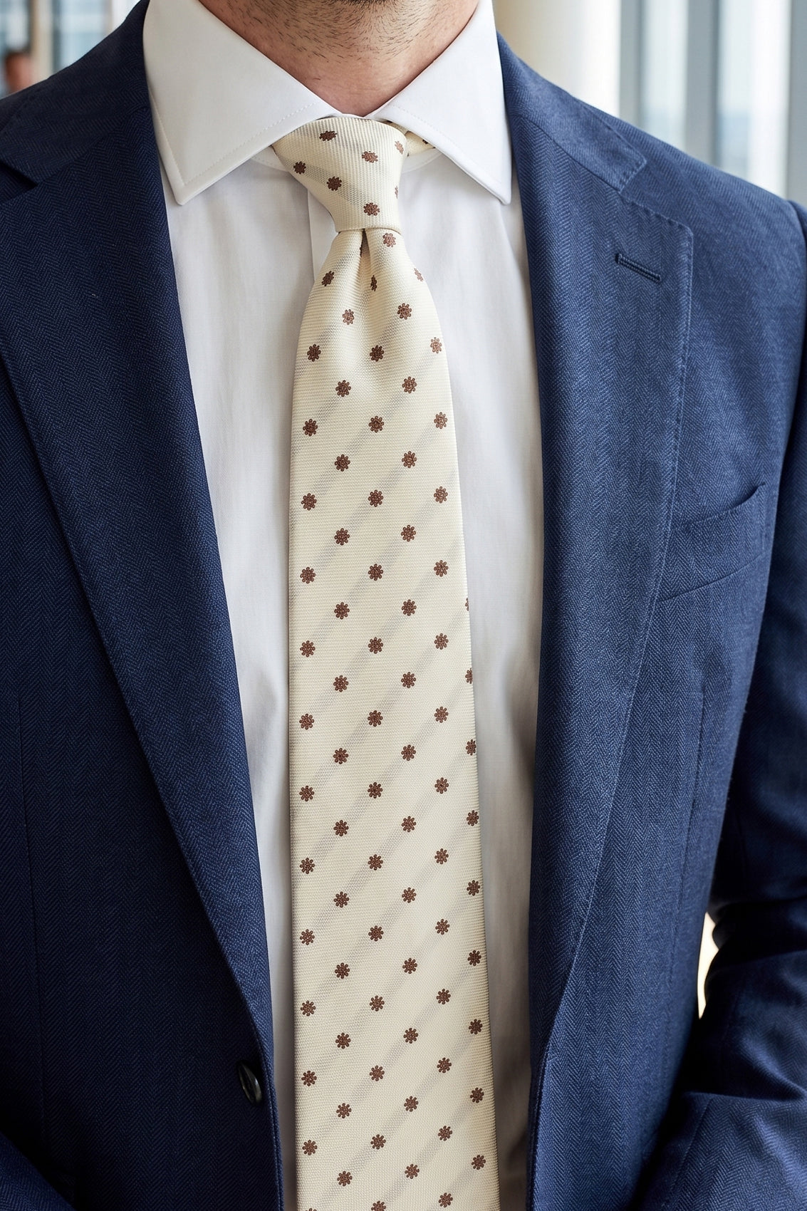 Classic Floral Cream Brown tie with sophisticated design, ideal for weddings and formal occasions.