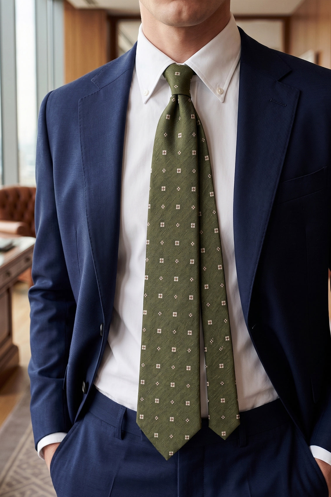 Off Square Green tie with sophisticated design, ideal for weddings, office wear, and casual outings.
