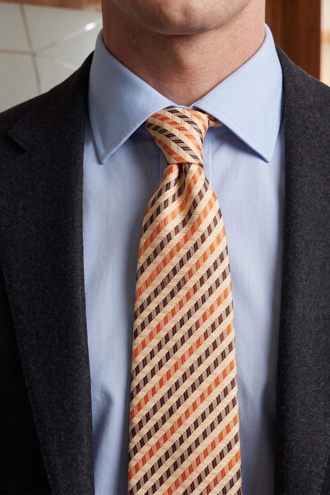 Geometric Stripes Cream Brown Orange tie with bold design, ideal for weddings, office wear, and casual occasions.
