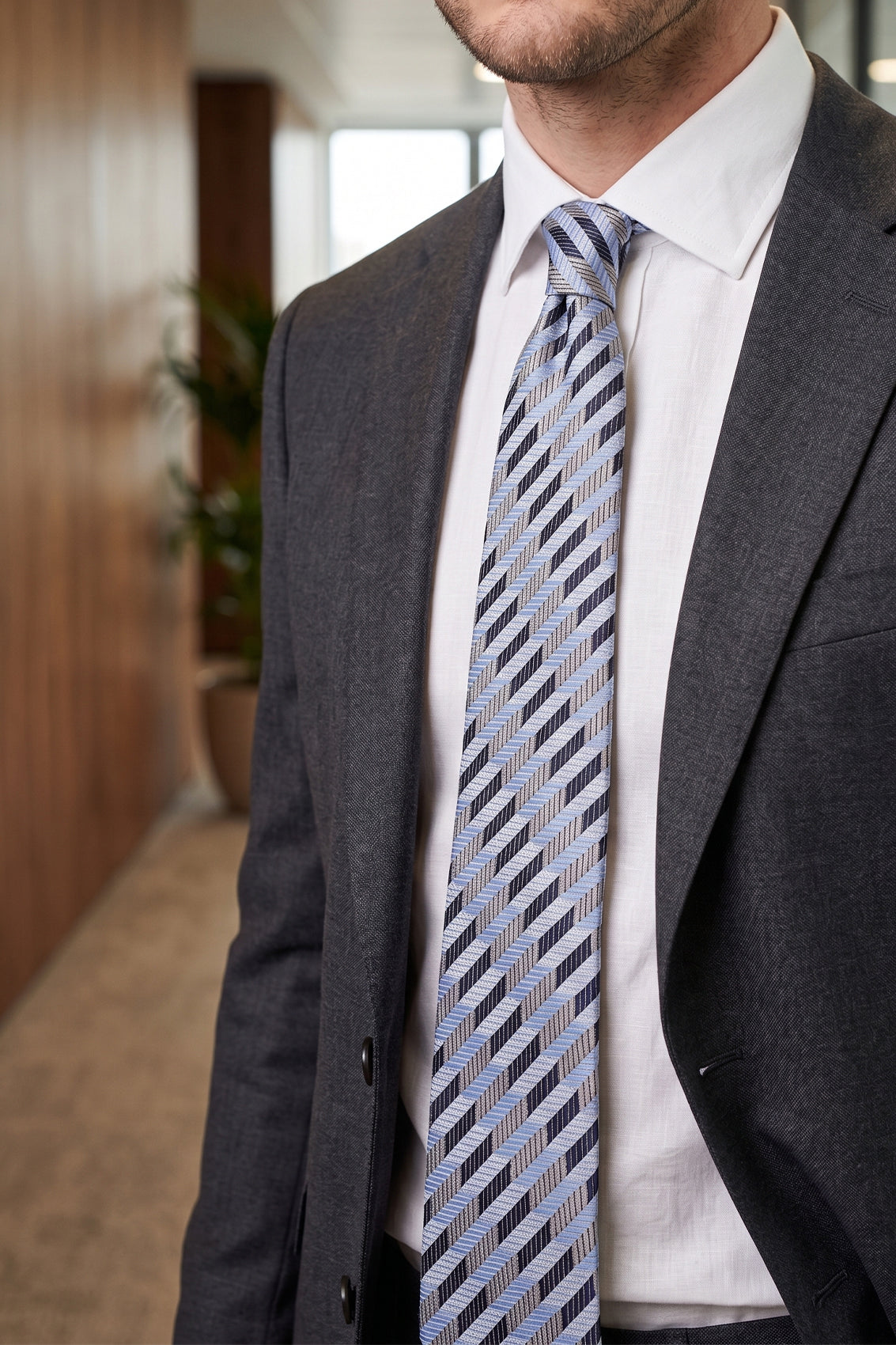 Geometric Stripe Blue tie with luxurious design, perfect for weddings, office wear, and casual occasions.