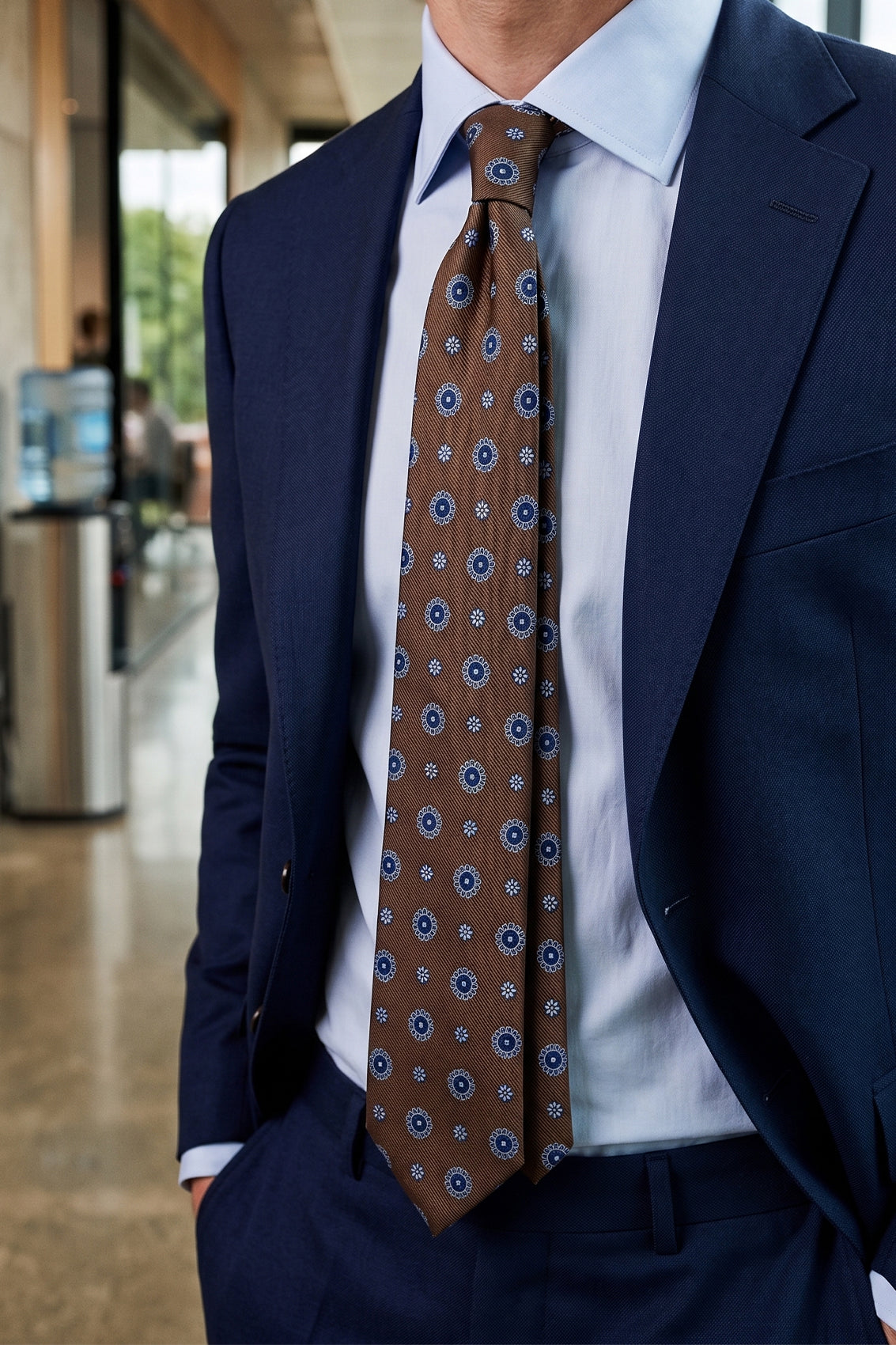 Geometric Brown Blue tie with intricate design, ideal for weddings, office meetings, and formal occasions.