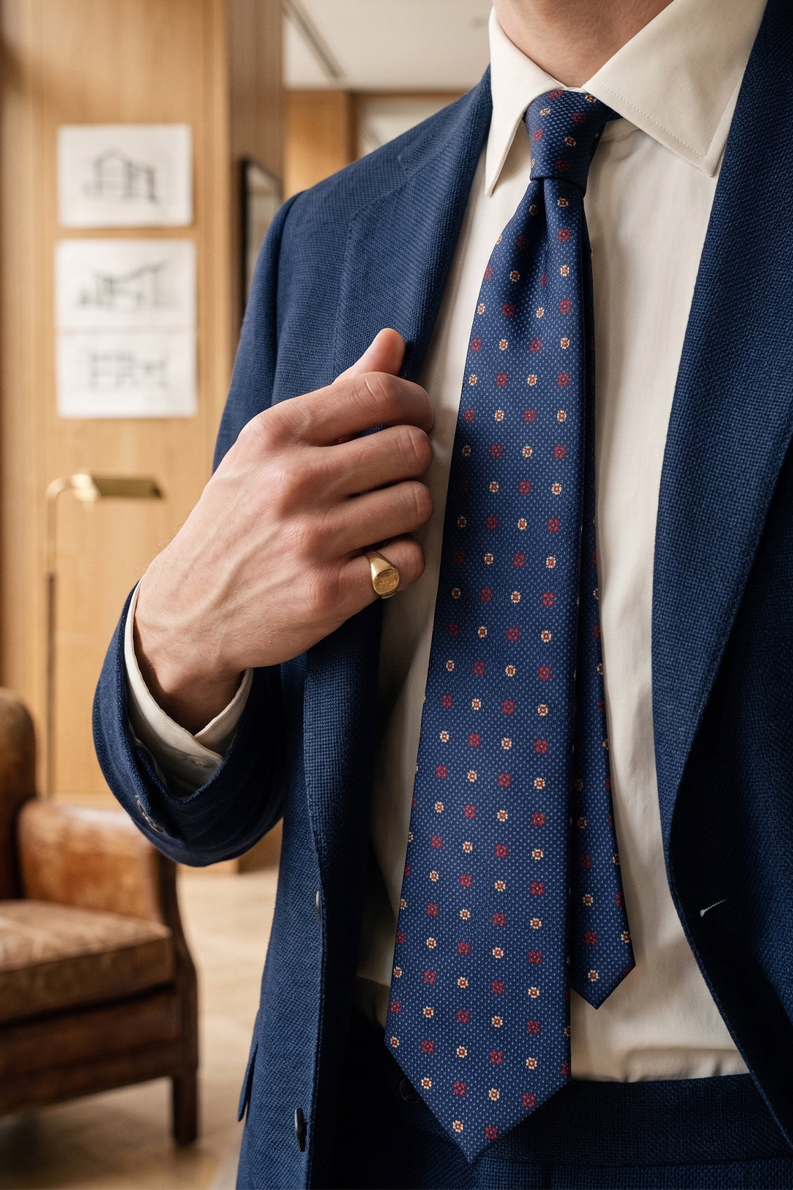 Chequered Floral Navy tie with printed design, ideal for weddings, office events, and formal occasions.