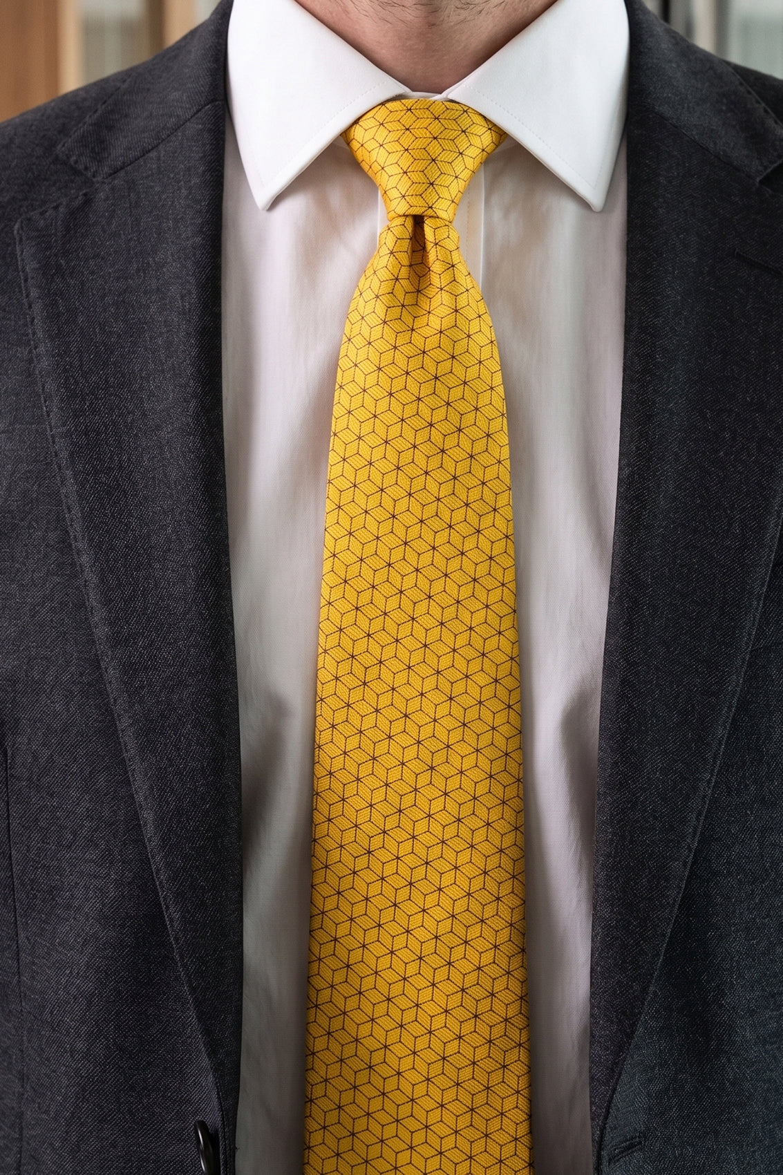 Yellow Pattern Print Silk Tie with geometric line pattern, offering luxury and style for upscale events.