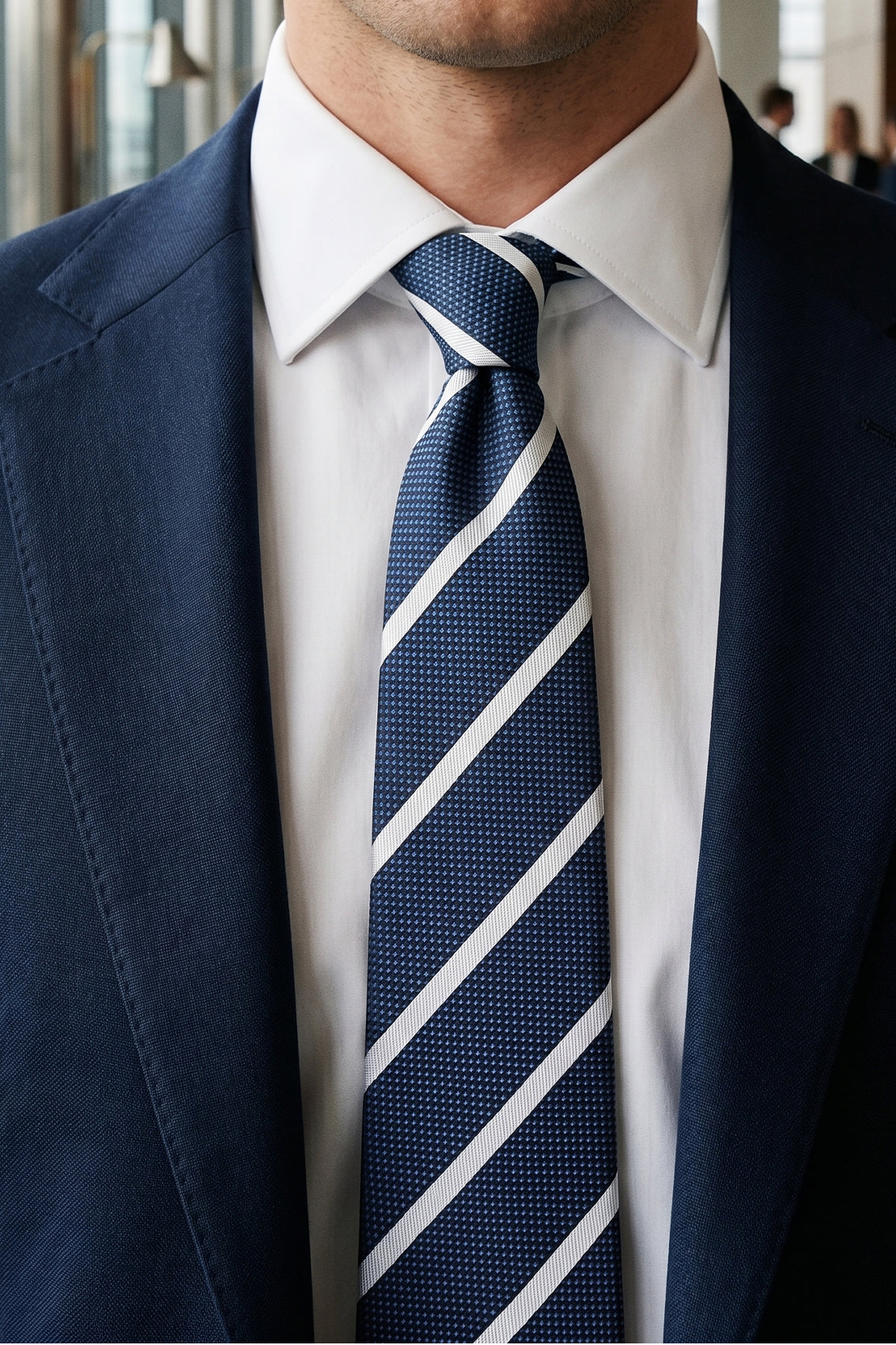 Stripe Navy White tie with sophisticated design, ideal for weddings, office wear, and special occasions.