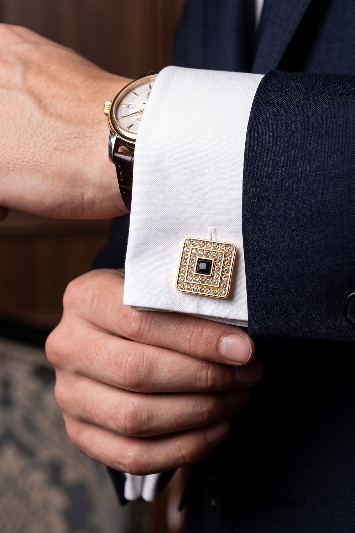 Bling Gold Men’s Cufflinks with crystals set in gold enamel design, perfect for elegant weddings and formal occasions.