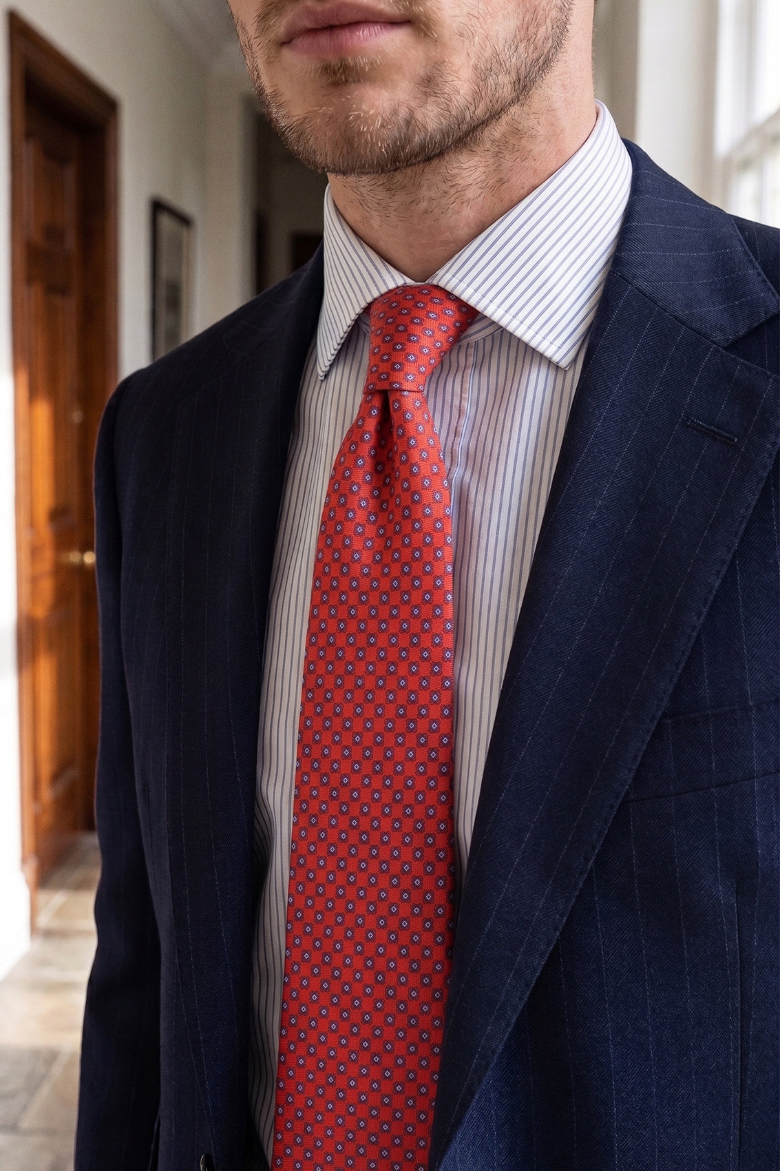 Red Squares Geometric Silk Tie with intricate design, offering luxury and elegance for formal occasions.