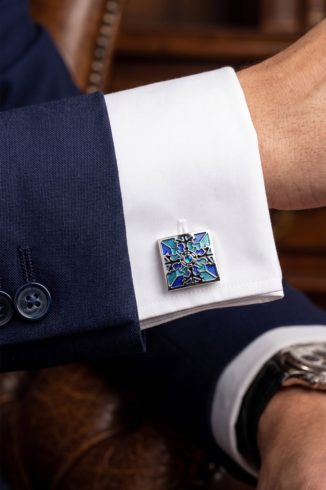 Alex Blue Men’s Cufflinks with geometric blue enamel design, crafted for weddings and formal events.