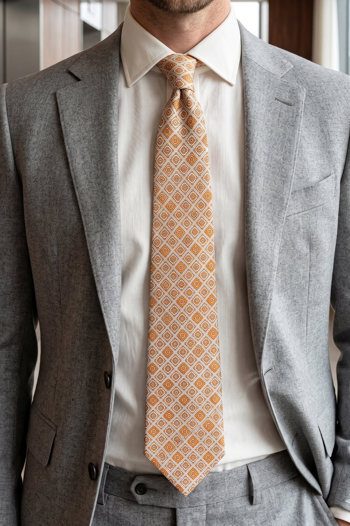 Orange Motif Print Silk Tie with intricate design, offering luxury and sophistication for special occasions.