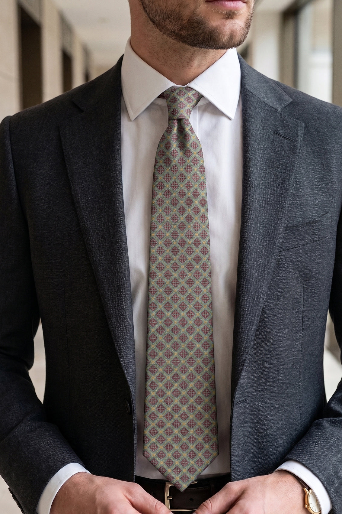 Green with Classic Brown Squares necktie. Featuring a rich green base accented by timeless brown squares
