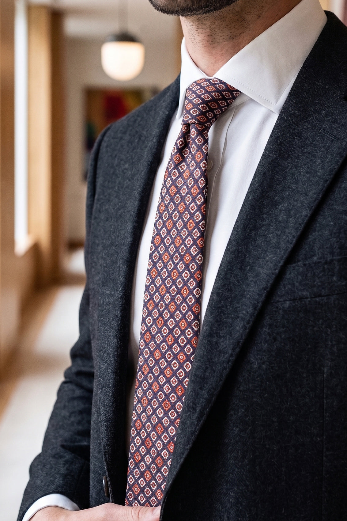 Blue Motif Print Silk Tie with geometric pattern, exuding luxury and sophistication for formal events.