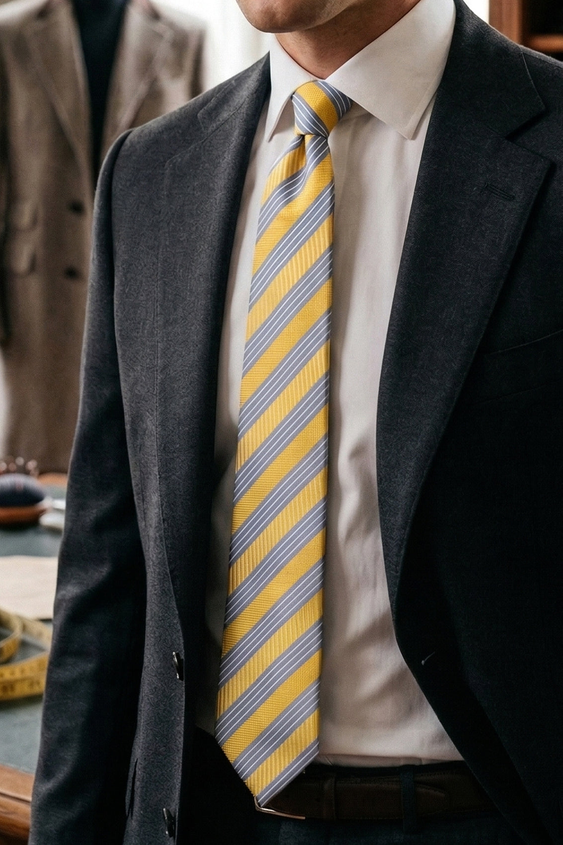 Classic Stripe Yellow Blue tie with luxurious design, ideal for weddings, office wear, and casual occasions.