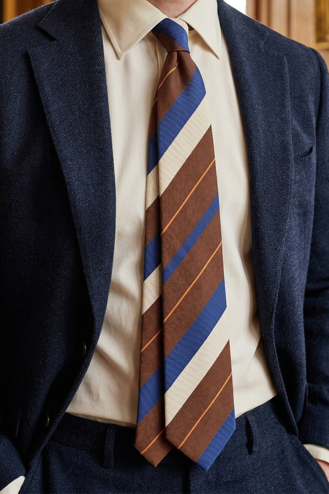 Brown Silver Navy Stripes tie for men. The combination of rich brown, elegant silver, and deep navy stripes creates a sophisticated and versatile accessory.