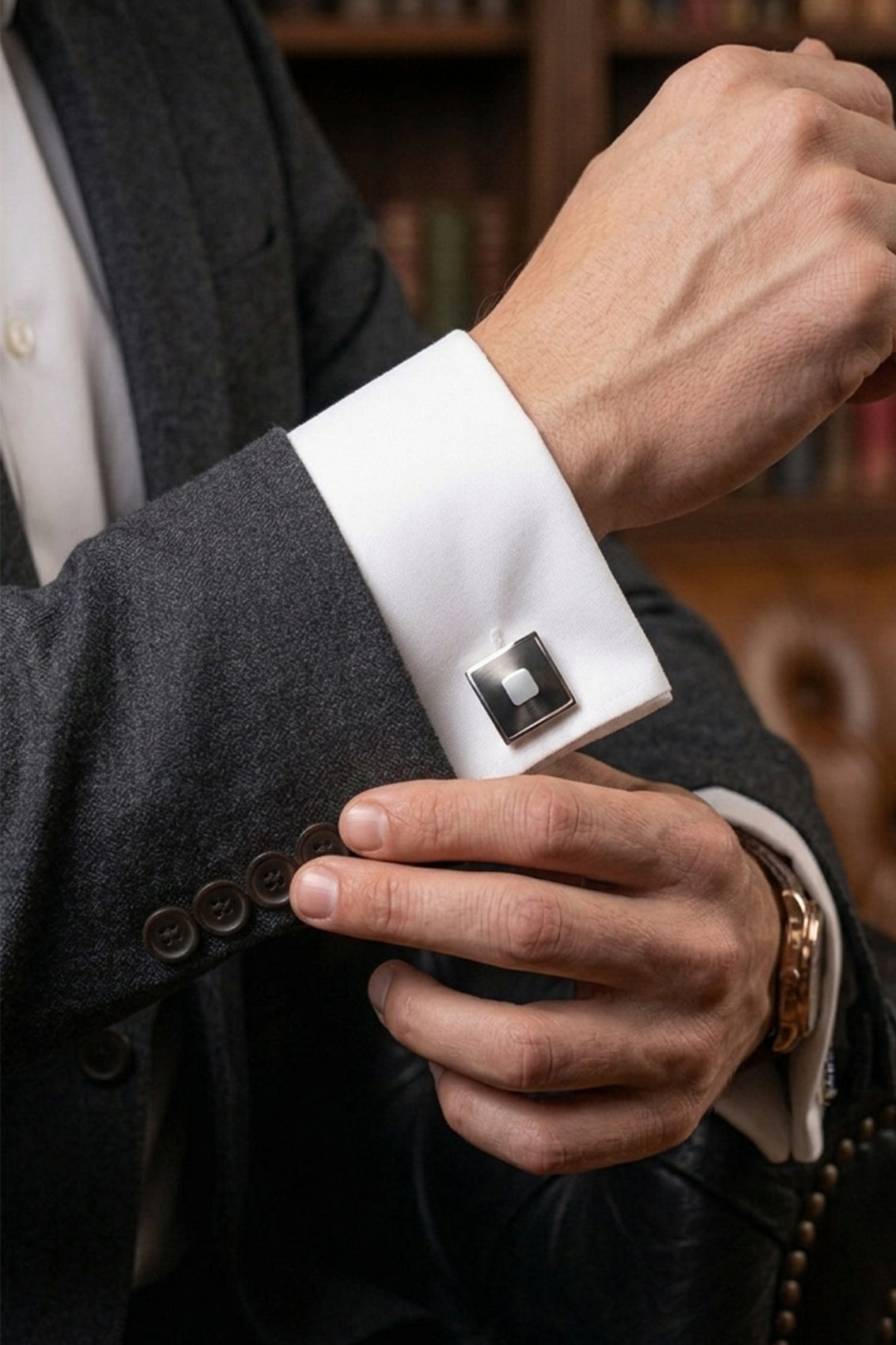 Square black men’s cufflinks featuring deep black enamel set in polished metal with intricate detailing for precise, formal elegance.