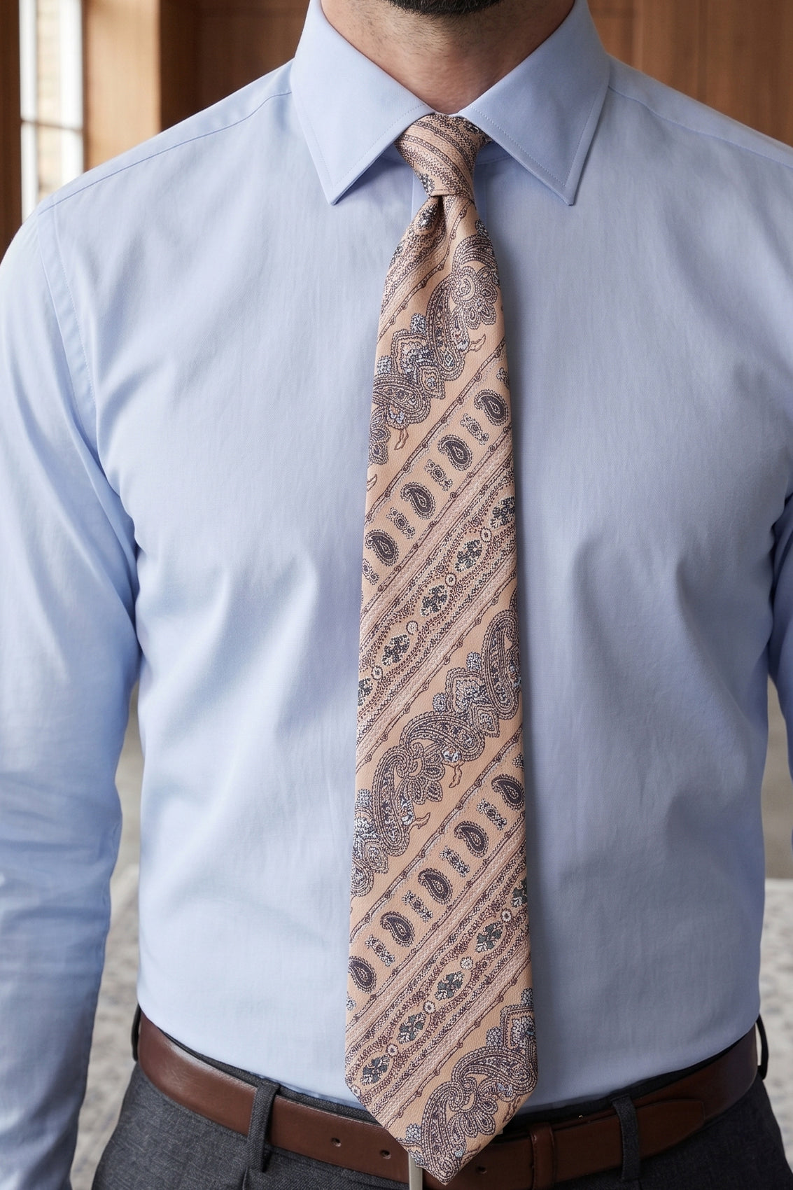 Paisley Classic Champagne necktie for men featuring intricate paisley pattern and elegant champagne hue, perfect for formal or semi-formal occasions